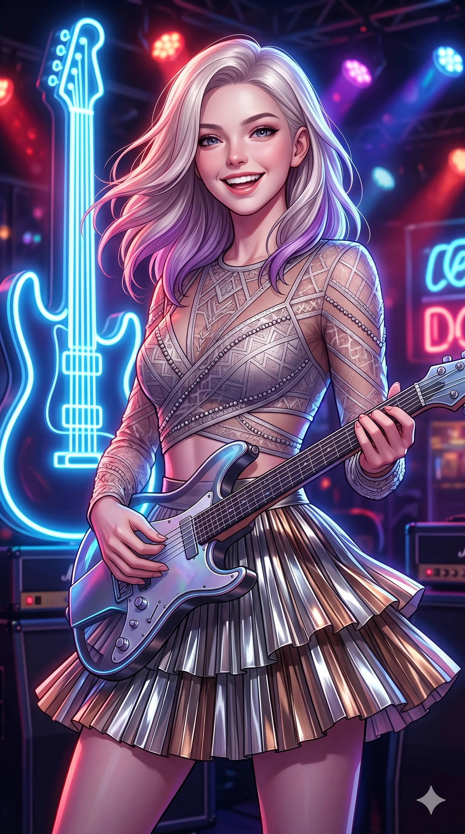 score_9, masterpiece, best quality, ultra-detailed, high-budget anime keyframe, editorial fashion photography, tasteful artistic composition, Caucasian woman, strictly human ears. Upper body close-up from the thighs up, character filling the screen for maximum presence. Standing next to a retro neon guitar sign in a music club, holding a wireless guitar controller with a happy, excited expression. She is wearing a cropped wrap top with sheer panels, paired with a metallic skirt. The scene is lit by flashing stage lights and the blue glow of the guitar sign. 2k, ultra detail, master piece, 9:16 ratio
