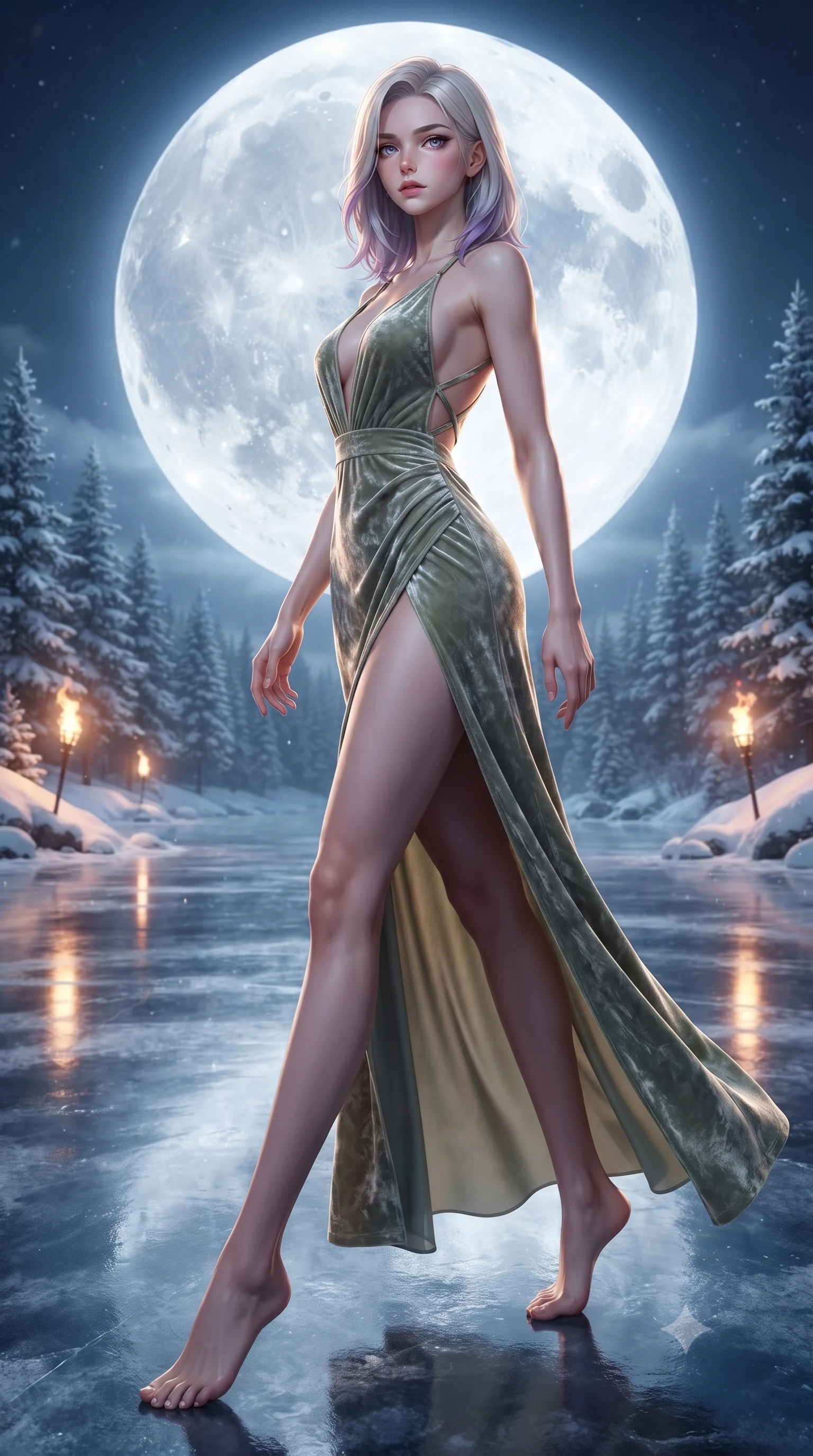 score_9, masterpiece, best quality, ultra-detailed, high-budget anime keyframe, editorial fashion photography, tasteful artistic composition, Caucasian woman. low angle full-body shot from head to toe showing her feet, filling the entire 9:16 vertical frame with her statuesque presence, stretching her vertical silhouette. navigating the luminous space with effortless poise, displaying her perfect model proportions gliding over a frozen mirror lake surrounded by snow-covered pine trees under a full moon, warm golden firelight clashing dramatically with cool silver moonbeams. She has an absolutely perfect, statuesque 8.5-heads proportion, an exceptionally tall and slender model-like female figure with impossibly long slender legs and an ultra-slim waist. sharp v-shaped jawline, high-bridge nose, intricate jewel-like eyes with depth, thick eyelashes, glossy lips with a natural sheen. wearing a backless crushed velvet gown with a deep V-neckline and high thigh slit in sage green and oatmeal, woven from fine semi-opaque sheer organza, complemented by criss-cross back straps highlighting her bare shoulders, the sleek second-skin texture accentuating her magnetic presence. surrounded by an opulent, frozen fairytale ambiance with high specular shine. highly saturated vibrant anime colors, detailed shading with soft gradients, rich glossy textures, high-contrast stereoscopic depth, volumetric dynamic lighting, master piece, 9:16 ratio