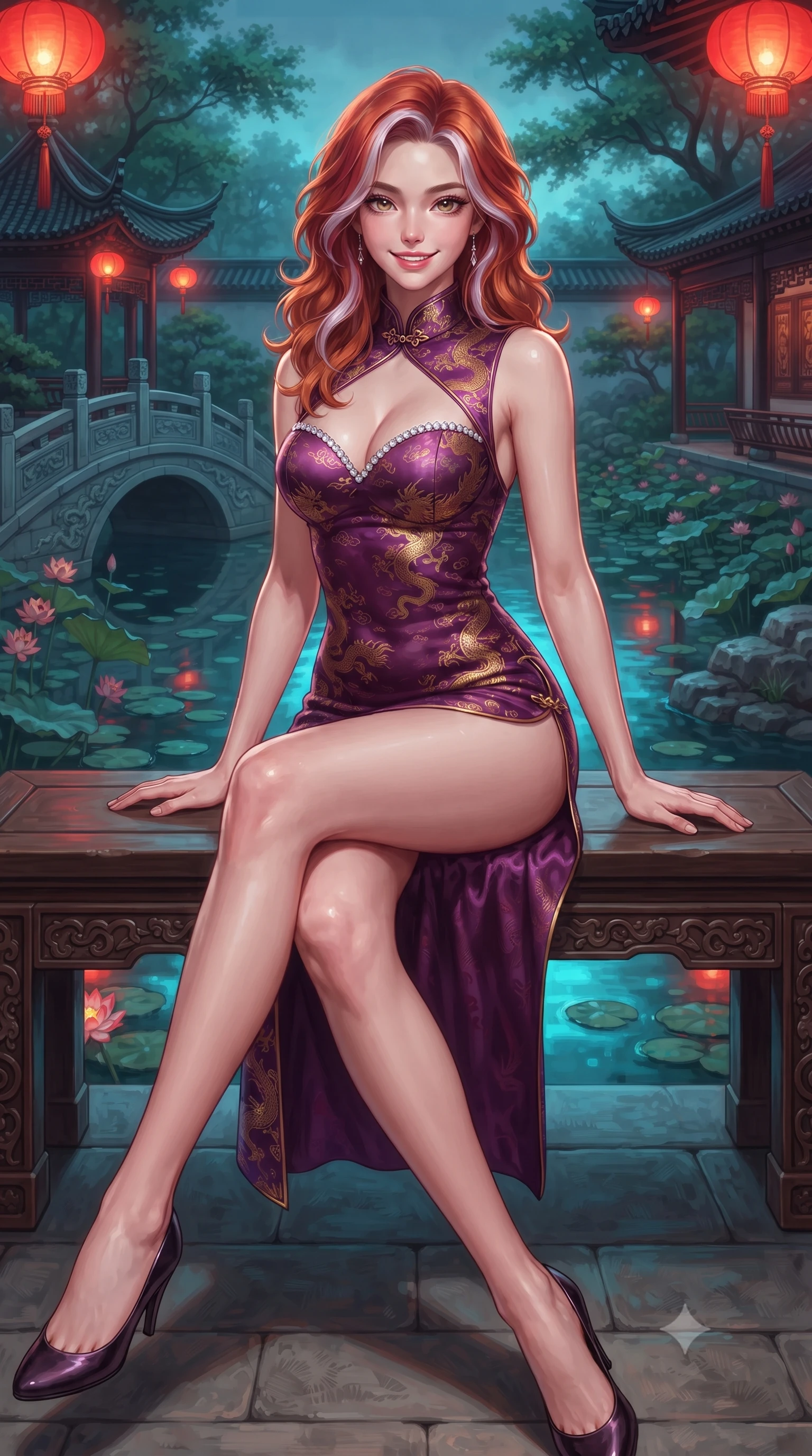 score_9, masterpiece, best quality, ultra-detailed, high-budget anime keyframe, editorial fashion photography, tasteful artistic composition, Caucasian woman. low angle full-body shot from head to toe showing her feet, filling the entire 9:16 vertical frame with her statuesque presence, stretching her vertical silhouette. stepping forward gracefully across the stone bridge in mid-motion with a radiant beaming smile, hips swaying in an alluring kinetic rhythm that accentuates her curvy hourglass silhouette and long slender legs while lounging gracefully on a carved teak bridge bench with legs crossed, her modern high-slit qipao commanding the tranquil water garden. The surrounding environment is rendered in vivid detail and crisp panoramic clarity: detailed jacquard silk dress sheen, gold dragon embroidery glints, and classical Chinese garden architecture in high resolution. She has an absolutely perfect, statuesque 8.5-heads proportion, an exceptionally tall and slender model-like female figure with impossibly long slender legs, an ultra-slim waist, a flat toned midriff, narrow delicate ribcage, and beautifully sculpted feminine hips creating a graceful, slim hourglass silhouette without any bulky heaviness. sharp v-shaped jawline, high-bridge nose, intricate jewel-like dark sparkling almond eyes with depth, thick lashes, glossy parted lips with a natural rose-plum sheen, bright alluring and coquettish smile with bedroom-eyes, exuding both timeless oriental elegance and sovereign high-fashion allure, flawlessly proportioned anatomical accuracy, strict slender model proportions, natural body alignment, perfectly sculpted long slender limbs, ultra-slim waistline, clean dynamic posture without body distortion. wearing a sweetheart-neckline oriental jacquard bustier top paired with a curve-hugging high-slit mermaid maxi skirt in rich plum violet and gilded bronze embroidery, made of supple second-skin stretch silk jersey clinging flawlessly to her form, finished with subtle crystal rhinestones tracing the elegant neckline, the precision-cut side hip slits and low-back scoop framing her graceful spine and the sensual sweep of her slim, toned hips. bathed in vibrant red lantern warmth and cool electric cyan water reflections. ultra-reflective glossy finish, specular highlights, rich textural contrasts, high-contrast stereoscopic depth, volumetric dynamic lighting, 2k, ultra detail, master piece, 9:16 ratio