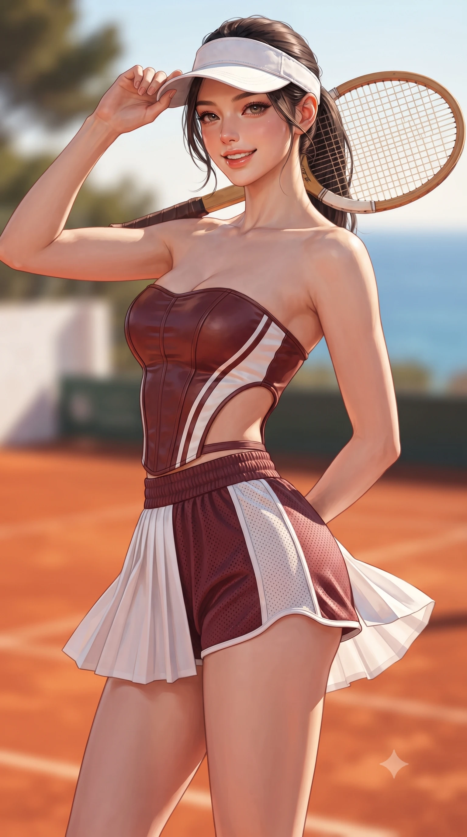 score_9, masterpiece, best quality, ultra-detailed, high-budget anime keyframe, editorial fashion photography, tasteful artistic composition, Korean woman. close-up cowboy shot from the waist and thighs up, the character dominates the composition, filling the frame with her large presence. tilting her head with a cute beaming smile while arching her spine with athletic poise, one hand adjusting her racing visor in a flirtatious S-curve while twisting her slender torso in an alluring contrapposto stance, warm sea breezes fluttering her pleated tennis skirt around her long slender legs and curvy hips. The background shows a soft-focus the vibrant terracotta red clay tennis courts and the sapphire Mediterranean Sea blurred into rich ochre, azure, and rose-gold bokeh. She has an exceptionally elegant, slender, and willowy female figure with an ultra-slim waist, flat toned midriff, narrow ribcage, and sculpted feminine hips creating an alluring, slim hourglass silhouette without bulk. sharp v-shaped jawline, high-bridge nose, sparkling eyes with athletic focus and depth, thick curled eyelashes, glossy parted lips with a natural coral-peach sheen, bright confident and coquettish smile with alluring bedroom-eyes, exuding both youthful sporty vigor and sovereign high-society glamour, flawlessly proportioned anatomical accuracy, strict slender model proportions, natural body alignment, perfectly sculpted long slender limbs, ultra-slim waistline, clean dynamic posture without body distortion. wearing a strapless structured leather corset top with racing stripe accents paired with high-waisted track shorts in rich burgundy wine and crisp court white, woven from semi-opaque performance athletic mesh with hexagonal micro-perforations, featuring a vintage wooden tennis racket held casually over one shoulder, the precision-cut side openings and low-back scoop framing her graceful spine and the sensual sweep of her slim, athletic hips. bathed in warm sunny afternoon light reflecting off the red clay surface and whitewashed club walls. ultra-reflective glossy finish, specular highlights, rich textural contrasts, high-contrast stereoscopic depth, volumetric dynamic lighting, 2k, ultra detail, master piece, 9:16 ratio