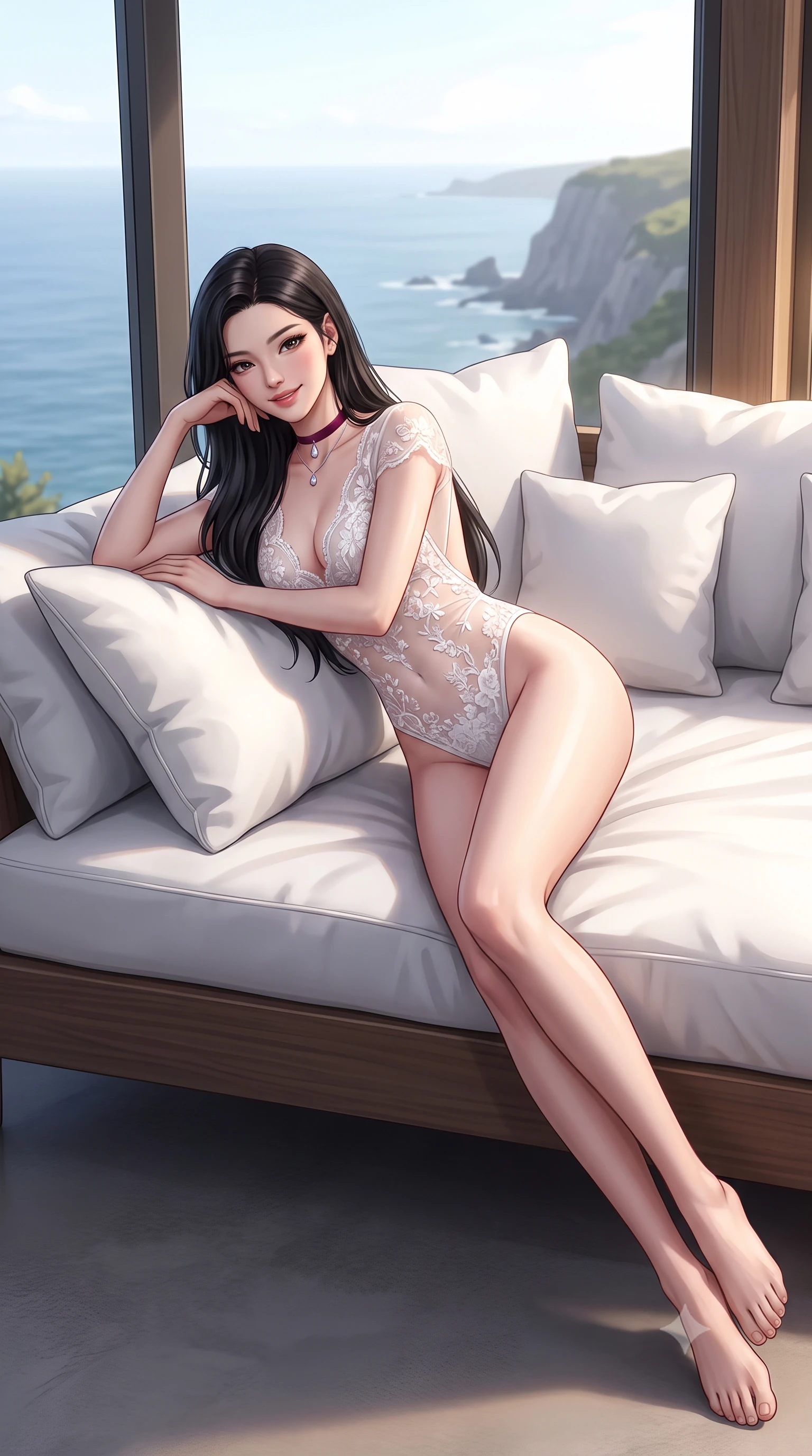 score_9, masterpiece, best quality, ultra-detailed, high-budget anime keyframe, semi-realistic 3D game render, editorial fashion photography, tasteful artistic composition, Korean woman. low angle full-body shot from head to toe showing her feet, filling the entire 9:16 vertical frame with her statuesque presence, stretching her vertical silhouette. posing in a classic haute-couture S-curve stance beside the floor-to-ceiling window, looking over a bare shoulder with magnetic presence while reclining gracefully across the oversized white cushions propped on one elbow with legs extended, flashing an enchanting smile with parted glossy lips. The surrounding environment is rendered in vivid detail and crisp panoramic clarity: detailed open-back sheer lace leotard, high-cut leg openings, floral embroidery, and minimalist clifftop craft in razor-sharp precision. She has an exceptionally tall and slender model-like 8.5-heads proportion, an ultra-slim waist, a flat toned midriff, narrow delicate ribcage, and beautifully sculpted feminine hips creating a graceful, slim hourglass silhouette without any bulky heaviness, with impossibly long slender legs. sharp v-shaped jawline, high-bridge nose, intricate jewel-like sparkling eyes with depth, thick eyelashes, glossy parted lips with a natural peach sheen, bright cheerful beaming smile with an enchanting and coquettish sensual glint, exuding both youthful cute charm and seductive allure, flawlessly proportioned anatomical accuracy, strict slender model proportions, natural body alignment, perfectly sculpted long slender limbs, ultra-slim waistline, clean dynamic posture without body distortion. wearing an open-back sheer lace leotard with high-cut leg openings and delicate floral embroidery framing her spine in pure translucent crystal white and iridescent opal, made of sheer gossamer chiffon that drapes softly against skin with airy translucence, finished with a thin velvet ribbon choker and a single teardrop diamond pendant, the second-skin tailored fabric adhering flawlessly to her sculpted flat midriff and slender torso, emphasizing her long leg lines and perfectly proportioned willowy build. illuminated by white stucco bounce fill and sharp starlight-platinum rim lights defining her dewy collarbones, ultra-slim waist, and curvy hips. highly saturated vibrant anime colors, detailed shading with soft gradients, rich glossy textures, high-contrast stereoscopic depth, volumetric dynamic lighting, master piece, 9:16 ratio