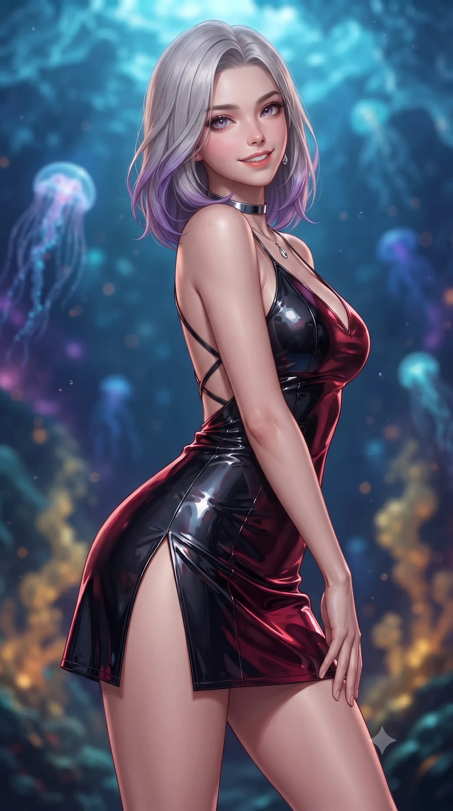 score_9, masterpiece, best quality, ultra-detailed, high-budget anime keyframe, editorial fashion photography, tasteful artistic composition, Caucasian woman. close-up cowboy shot from the waist and thighs up, the character dominates the composition, filling the frame with her large presence. tilting her head with a teasing half-smile, running one hand slowly down the side of her hip in a flirtatious S-curve as ambient light caresses her silhouette while twisting her slender torso in an alluring contrapposto stance, golden mineral vent heat plumes and blue bioluminescence playing across her narrow waist and curvy hips. The background shows a soft-focus drifting alien bioluminescent siphonophores, golden hydrothermal heat plumes, and 20 kilometers of dense overhead ice crust blurred into sapphire, cyan, and topaz bokeh. She has an exceptionally elegant, slender, and willowy female figure with an ultra-slim waist, flat toned midriff, narrow ribcage, and sculpted feminine hips creating an alluring, slim hourglass silhouette without bulk. sharp v-shaped jawline, high-bridge nose, intricate jewel-like sparkling eyes with depth, thick eyelashes, glossy parted lips with a natural peach sheen, bright cheerful beaming smile with an enchanting and coquettish sensual glint, exuding both youthful cute charm and seductive allure, flawlessly proportioned anatomical accuracy, strict slender model proportions, natural body alignment, perfectly sculpted long slender limbs, ultra-slim waistline, clean dynamic posture without body distortion. wearing a backless liquid foil flight mini dress with criss-cross spinal straps and daring high side slit in Star-Fortress obsidian black and imperial crimson, tailored from high-gloss patent leather with mirror-like specular highlights, finished with a minimalist chrome choker and a single teardrop diamond pendant, the second-skin tailored fabric adhering flawlessly to her sculpted flat midriff and slender torso, emphasizing her long leg lines and perfectly proportioned willowy build. bathed in deep ocean blue-violet ambient light mixed with warm 2200K golden geothermal vent radiance. ultra-reflective glossy finish, specular highlights, rich textural contrasts, high-contrast stereoscopic depth, volumetric dynamic lighting, 2k, ultra detail, master piece, 9:16 ratio