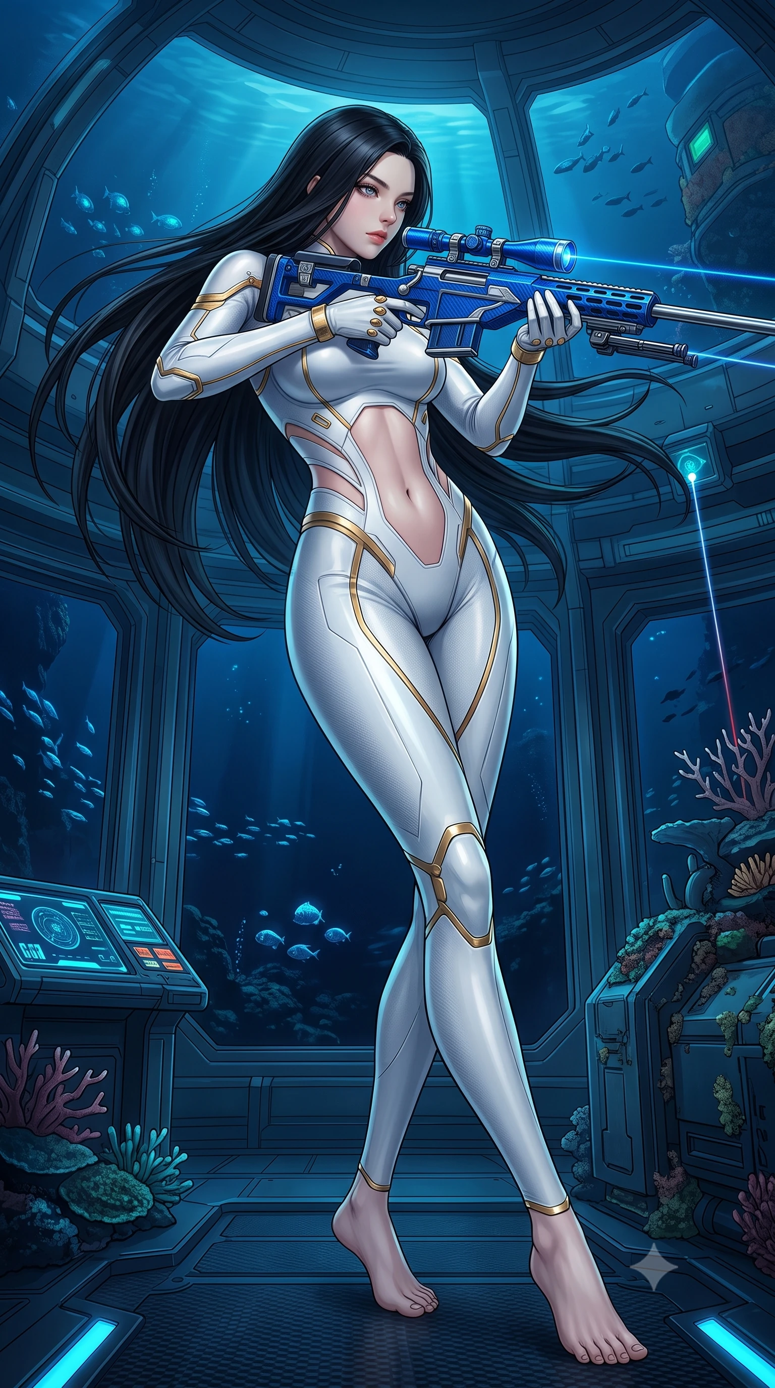 score_9, masterpiece, best quality, ultra-detailed, high-budget anime keyframe, semi-realistic 3D game render, editorial fashion photography, tasteful artistic composition, Korean woman. low angle full-body shot from head to toe showing her feet, filling the entire 9:16 vertical frame with her statuesque presence, stretching her vertical silhouette. pivoting dynamically in mid-motion with a breathtakingly alluring posture, displaying her flawless model proportions, toned flat midriff, and ultra-slim waist while arching her back in a fluid roll as dual laser aiming beams cut through the blue aquatic ambient gloom. The surrounding environment is rendered in vivid detail and crisp panoramic clarity. deep oceanic chiaroscuro and high-tech undersea architecture captured with environmental sharpness. She has an absolutely perfect, statuesque 8.5-heads proportion, an exceptionally tall and slender model-like female figure with impossibly long slender legs, a toned flat midriff, and an ultra-slim waist. sharp v-shaped jawline, high-bridge nose, intricate jewel-like eyes with depth, thick eyelashes, glossy lips with a natural sheen, flawlessly proportioned anatomical accuracy, strict slender model proportions, natural body alignment, perfectly sculpted long slender limbs, ultra-slim waistline, clean dynamic posture without body distortion. wearing a form-contouring arctic white carbon-composite battle-suit with solar gold trim and diagonal midriff vents, aiming a precision carbon-fiber railgun sniper rifle with divine focus in electric cobalt blue carbon with polished platinum trim, crafted from ultra-strong woven carbon-fiber composite with a satin luster, finished with high-mobility articulation joints and miniature magnetic armor locks, the precision-cut daring openings accentuating her delicate midriff, graceful bare collarbones, and ultra-slim feminine waistline. surrounded by an ultra-sleek, stealthy, and intensely seductive oceanic special-operative aura. rich saturated anime colors with glowing neon highlights, detailed shading with soft gradients, rich glossy textures, high-contrast stereoscopic depth, volumetric dynamic lighting, master piece, 9:16 ratio