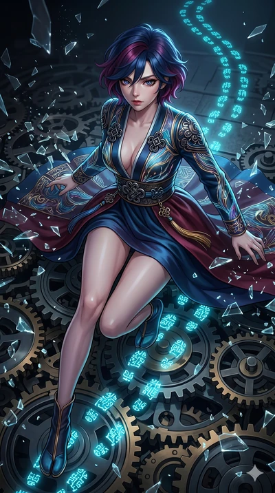 score_9, masterpiece, best quality, ultra-detailed, Set A: High-budget Anime Keyframe, Korean woman. Upper body close-up from the thighs up, character filling the screen for maximum presence. Sliding through a throne of gears, as she leaves a trail o
