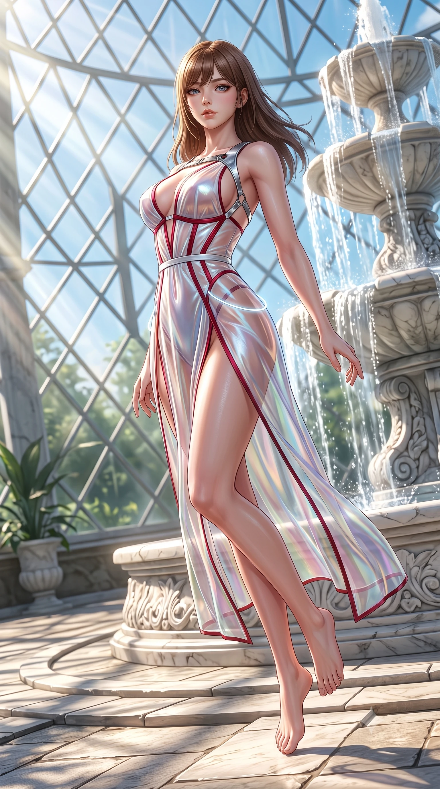 score_9, masterpiece, best quality, ultra-detailed, high-budget anime keyframe, semi-realistic 3D game render, editorial fashion photography, tasteful artistic composition, Korean woman. low angle full-body shot from head to toe showing her feet, filling the entire 9:16 vertical frame with her statuesque presence, stretching her vertical silhouette. arching her back in a fluid zero-gravity turn with sovereign grace, her long slender legs and sculpted torso creating a sweeping line while pivoting dynamically beside a cascading glasshouse fountain catching intense volumetric sunbeams. The surrounding environment is rendered in vivid detail and crisp panoramic clarity. crisp glass geometric lattices, marble fountain carvings, and sunlit stone pathways in high resolution. She has an absolutely perfect, statuesque 8.5-heads proportion, an exceptionally tall and slender model-like female figure with impossibly long slender legs, a toned flat midriff, and an ultra-slim waist. sharp v-shaped jawline, high-bridge nose, intricate jewel-like eyes with depth, thick eyelashes, glossy lips with a natural sheen, flawlessly proportioned anatomical accuracy, strict slender model proportions, natural body alignment, perfectly sculpted long slender limbs, ultra-slim waistline, clean dynamic posture without body distortion. wearing a translucent iridescent organza wrap dress with structured bustier boning, plunging neckline, and high-cut dual leg slits in radiant crimson silk and crisp snow white, made of liquid metal jersey that clings flawlessly to every contour of her build, reinforced by a sleek metallic chrome harness and delicate glowing micro-straps, the glove-like aerodynamic second-skin fit tightly clinging to her ultra-slender waist and athletic curves without adding bulk, accentuating her razor-sharp statuesque lines and slim hourglass silhouette. surrounded by a bright, pristine, and captivatingly fresh botanical sanctuary atmosphere. highly saturated vibrant anime colors, detailed shading with soft gradients, rich glossy textures, high-contrast stereoscopic depth, volumetric dynamic lighting, master piece, 9:16 ratio