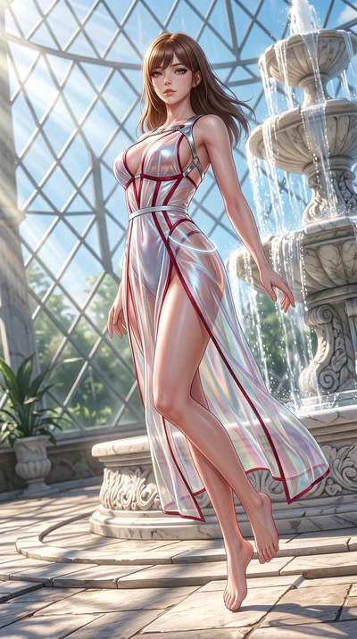 score_9, masterpiece, best quality, ultra-detailed, high-budget anime keyframe, semi-realistic 3D game render, editorial fashion photography, tasteful artistic composition, Korean woman. low angle full-body shot from head to toe showing her feet, fil