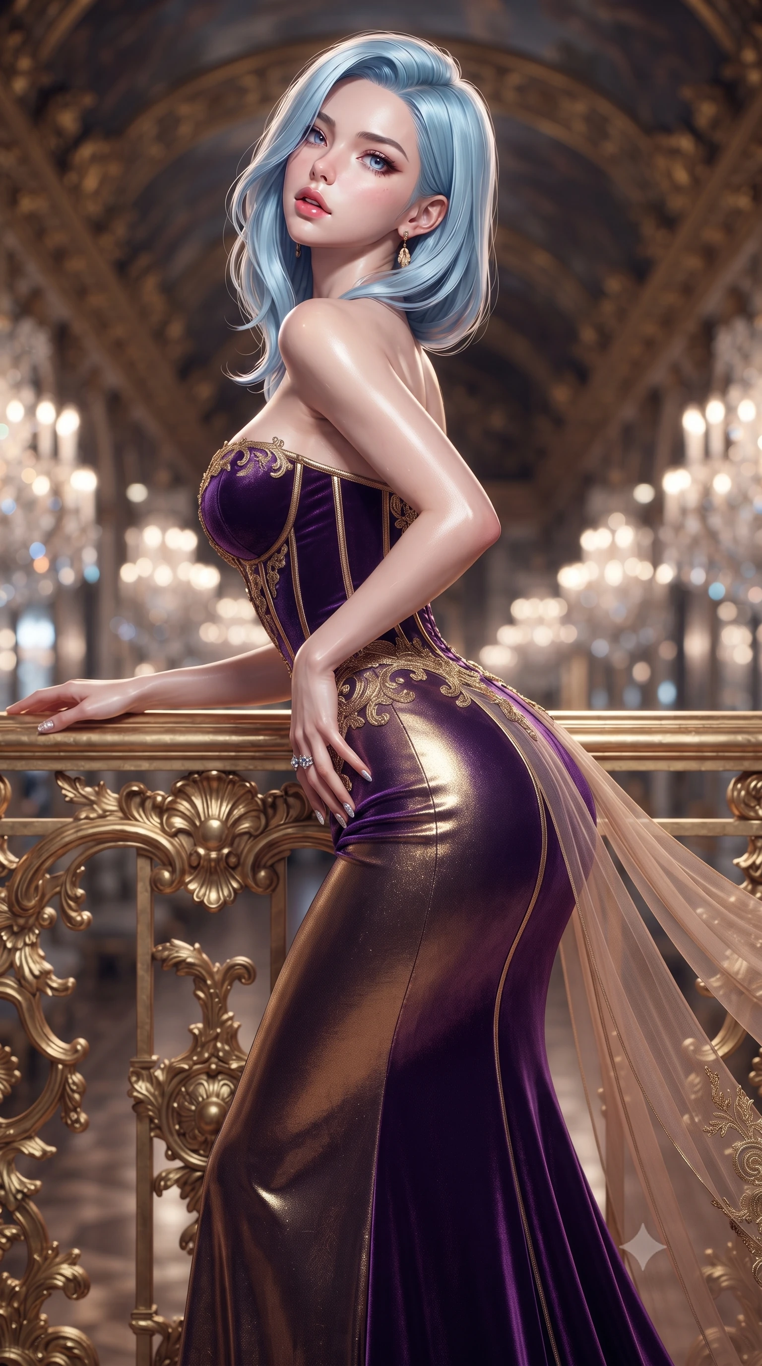 score_9, masterpiece, best quality, ultra-detailed, high-budget anime keyframe, editorial fashion photography, tasteful artistic composition, Korean woman. close-up cowboy shot from the waist and thighs up, the character dominates the composition, filling the frame with her large presence. posing in an alluring rear three-quarter angle, arching her lower back in a pronounced S-curve with one hand on her hip, glancing seductively over her bare shoulder with parted glossy lips while leaning back against an ornate gold-leaf balustrade under crystal chandeliers, head tilted back with bedroom-eyes locking onto the viewer. The composition keeps background elements in soft focus with creamy bokeh. infinite crystal chandelier prisms and gilded mirror arches blurred into radiant diamond, pastel rose, and gold-leaf bokeh. She has an exceptionally elegant, slender, and willowy female figure with an ultra-slim waist, a gracefully sculpted slender torso, toned flat midriff, and rounded feminine hips creating an alluring hourglass silhouette. sharp v-shaped jawline, high-bridge nose, intricate jewel-like eyes with depth, thick eyelashes, glossy parted lips with a natural sheen, intensely captivating and seductive bedroom-eyes expression, flawlessly proportioned anatomical accuracy, strict slender model proportions, natural body alignment, perfectly sculpted long slender limbs, ultra-slim waistline, clean dynamic posture without body distortion. wearing a baroque gold-embroidered bustier gown with exposed clavicle and sculpted hip boning in imperial royal purple velvet and antique gold, crafted from luxurious metallic lamé that shifts radiance with every step, finished with sheer floating train panels fluttering behind her in the mirrored hall, the glove-like aerodynamic silhouette tightly following the natural contour of her hips and long slender legs with statuesque precision. surrounded by an aristocratic, scandalous, and breathlessly mesmerizing imperial duchess aura. ultra-reflective glossy finish, specular highlights, rich textural contrasts, high-contrast stereoscopic depth, volumetric dynamic lighting, 2k, ultra detail, master piece, 9:16 ratio
