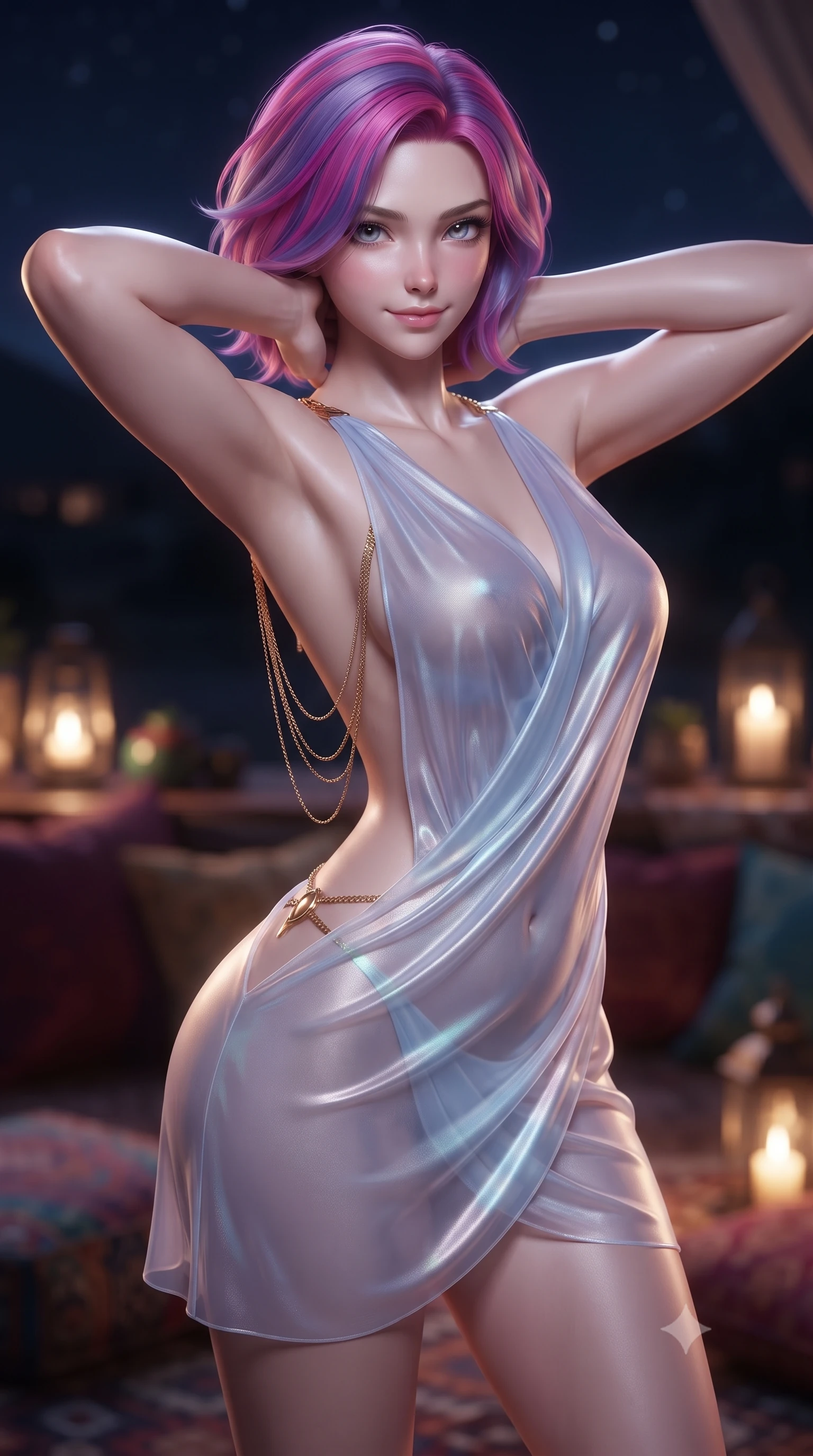 score_9, masterpiece, best quality, ultra-detailed, high-budget anime keyframe, editorial fashion photography, tasteful artistic composition, Caucasian woman. close-up cowboy shot from the waist and thighs up, the character dominates the composition, filling the frame with her large presence. resting both hands lightly behind her neck with elbows raised, arching her spine to highlight her narrow waist, flat midriff, and breathtaking collarbones while twisting her slender torso in an alluring contrapposto stance, warm desert night winds molding the sheer fabrics to her curvy hips and flat midriff. The background shows a soft-focus handwoven silk cushions softened in intimate nocturnal glamping shallow focus. She has an exceptionally elegant, slender, and willowy female figure with an ultra-slim waist, flat toned midriff, narrow ribcage, and sculpted feminine hips creating an alluring, slim hourglass silhouette without bulk. sharp v-shaped jawline, high-bridge nose, sparkling eyes with hypnotic seductive depth, thick curled eyelashes, glossy parted lips with a natural dewy peach sheen, alluring bedroom-eyes with an enchanting coquettish smile, exuding magnetic siren charisma and sophisticated glamour, flawlessly proportioned anatomical accuracy, strict slender model proportions, natural body alignment, perfectly sculpted long slender limbs, ultra-slim waistline, clean dynamic posture without body distortion. wearing a draped Greek-goddess style silk chiffon mini toga dress with an open back and golden hip fibula in icy aurora-violet and glacial liquid silver, crafted from fluid liquid silk satin that clings smoothly to every curve with a dewy sheen, accented with an open-back drape framed by falling strands of delicate gold chains, the form-contouring silhouette accentuating her sculpted flat midriff, narrow delicate ribcage, and gracefully curvy hips with intoxicating allure. illuminated by lantern light scatter and sharp starry-platinum rim lights defining her delicate clavicles, ultra-slim waist, and curvy hips. ultra-reflective glossy finish, specular highlights, rich textural contrasts, high-contrast stereoscopic depth, volumetric dynamic lighting, 2k, ultra detail, master piece, 9:16 ratio