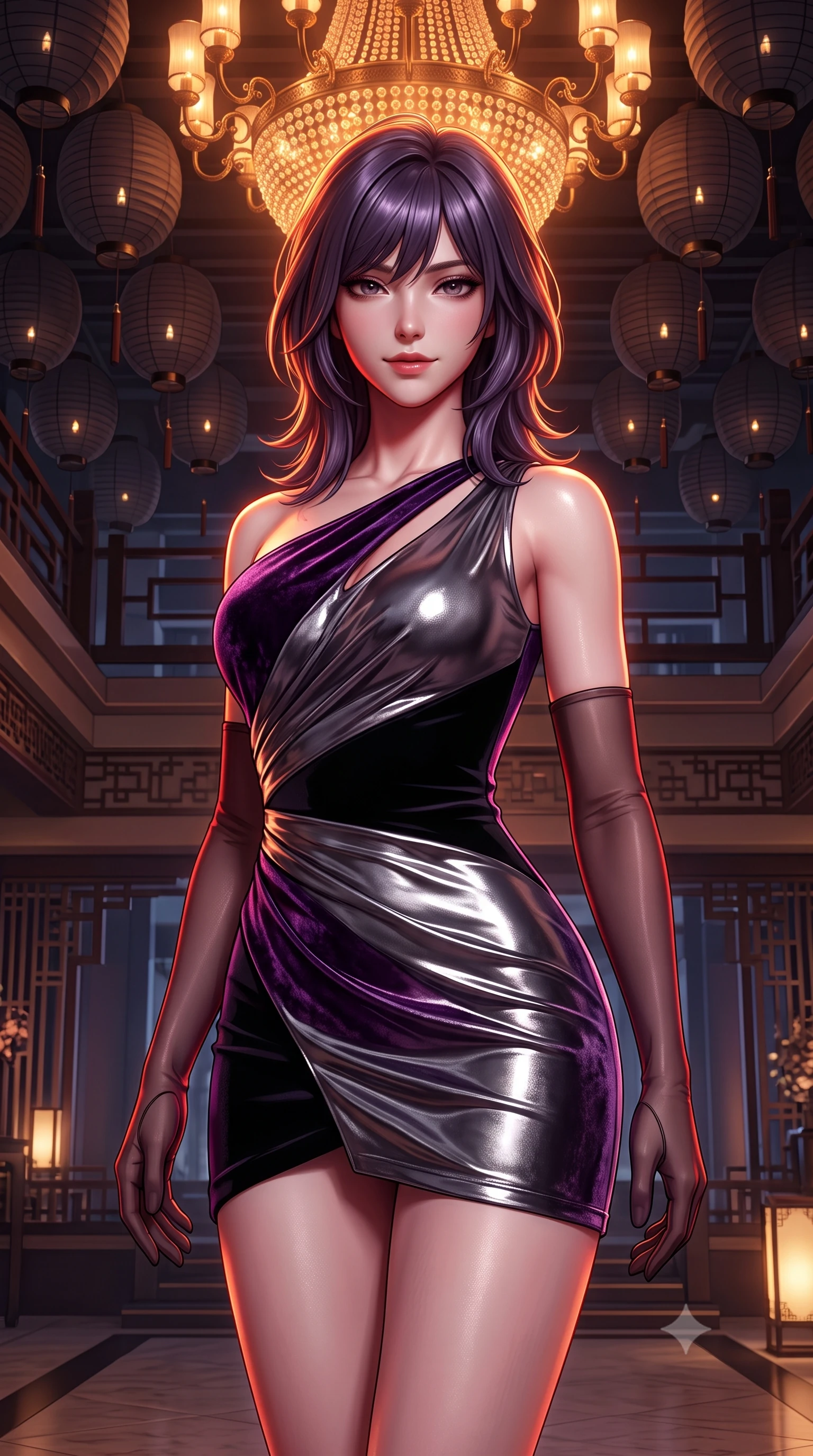 score_9, masterpiece, best quality, ultra-detailed, high-budget anime keyframe, semi-realistic 3D game render, editorial fashion photography, tasteful artistic composition, Japanese woman. close-up cowboy shot from the waist and thighs up, the character dominates the composition, filling the frame with her large presence. turning slowly with a smoldering smile, her glossy dark hair catching the amber chandelier rim light as her hips angle gracefully in a captivating contrapposto while twisting her slender torso in an alluring contrapposto stance beneath a canopy of dark paper lanterns, her fitted outfit accentuating her hips and waist. The surrounding environment is rendered in vivid detail and crisp panoramic clarity. detailed garment weave, glossy lips sheen, and contemporary oriental interior architecture in high clarity. She has an exceptionally elegant, slender, and willowy female figure with an ultra-slim waist, flat toned midriff, narrow ribcage, and sculpted feminine hips creating an alluring, slim hourglass silhouette without bulk. sharp v-shaped jawline, high-bridge nose, intricate jewel-like dark sparkling eyes with dangerous depth, thick curled eyelashes, glossy parted lips with a rich wine sheen, smoldering seductive half-smile with bedroom-eyes, exuding effortless superiority and intoxicating dark allure, flawlessly proportioned anatomical accuracy, strict slender model proportions, natural body alignment, perfectly sculpted long slender limbs, ultra-slim waistline, clean dynamic posture without body distortion. wearing an asymmetric one-shoulder liquid mercury metallic mini dress hugging her narrow waist and curvy hips in rich plum violet and deep onyx black, tailored from crushed dark velvet with deep light-absorbing plush texture, complemented by sheer dark opera gloves reaching past her elbows, the glove-like silhouette tightly following the natural contour of her hips and long slender legs with youthful 8.5-heads elegance. illuminated by sharp specular highlights on skin and dark scarlet rim light sculpting her sculpted midriff, narrow waist, and curvy hips. highly saturated vibrant anime colors, detailed shading with soft gradients, rich glossy textures, high-contrast stereoscopic depth, volumetric dynamic lighting, master piece, 9:16 ratio