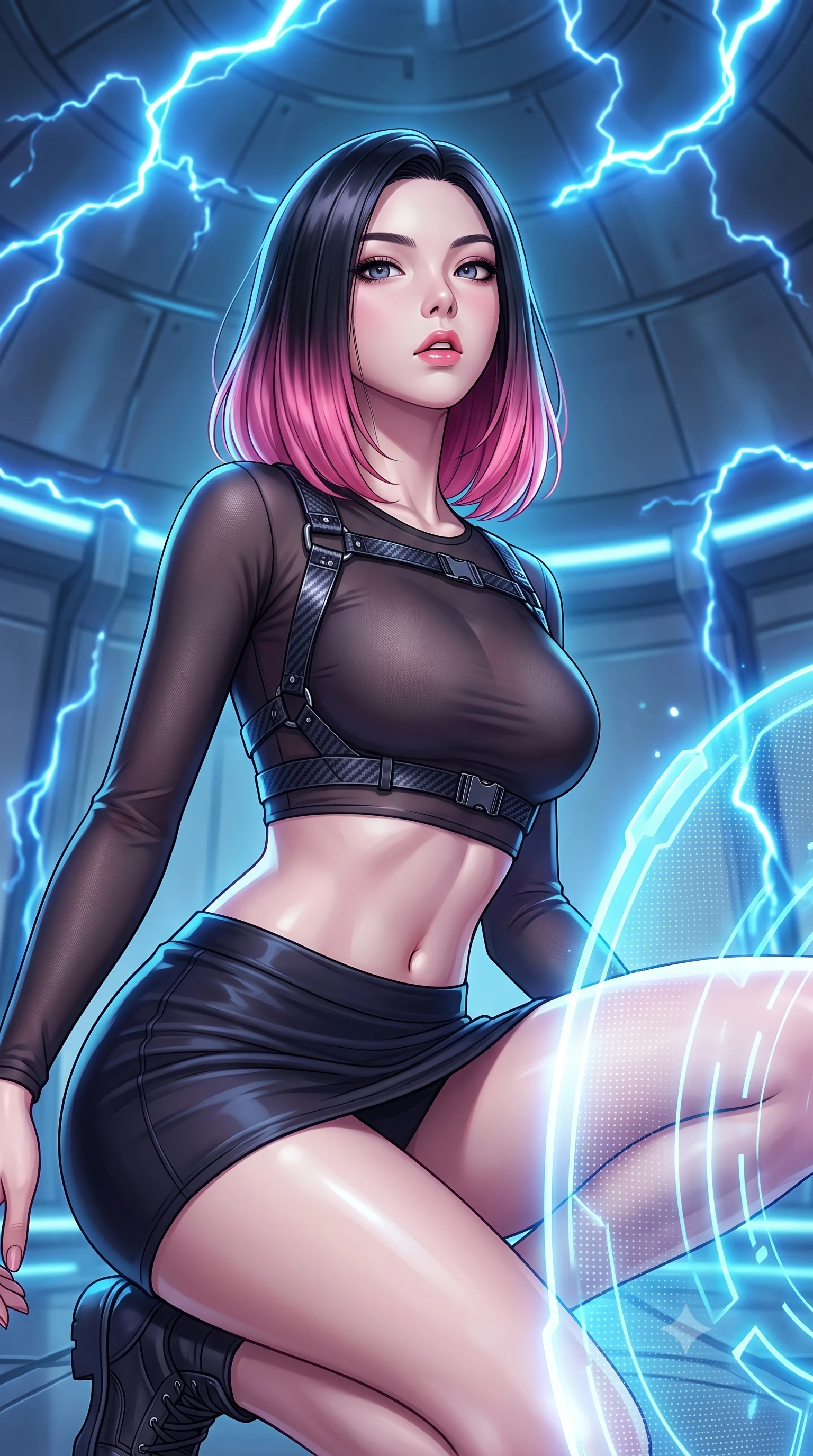 score_9, masterpiece, best quality, ultra-detailed, high-budget anime keyframe, editorial fashion photography, tasteful artistic composition, Korean woman. close-up cowboy shot from the waist and thighs up, the character dominates the composition, filling the frame with her large presence, background elements kept in soft focus. crouching slightly behind a glowing holographic shield emitter, looking up with defiance and lips slightly parted, the background shows a soft-focus a cybernetic combat dome with electric blue plasma arcs dancing on the ceiling. She has an exceptionally elegant, slender, and willowy female figure with an ultra-slim waist, a gracefully sculpted slender torso, and a refined silhouette. sharp v-shaped jawline, high-bridge nose, intricate jewel-like eyes with depth, thick eyelashes, glossy lips with a natural sheen. wearing a body-hugging semi-opaque dark mesh crop top paired with a micro skirt, layered with a carbon-fiber harness. pulsing electric blue plasma arc lighting casting dynamic highlights from above. highly saturated vibrant anime colors, detailed shading with soft gradients, rich glossy textures, high-contrast stereoscopic depth, volumetric dynamic lighting, master piece, 9:16 ratio