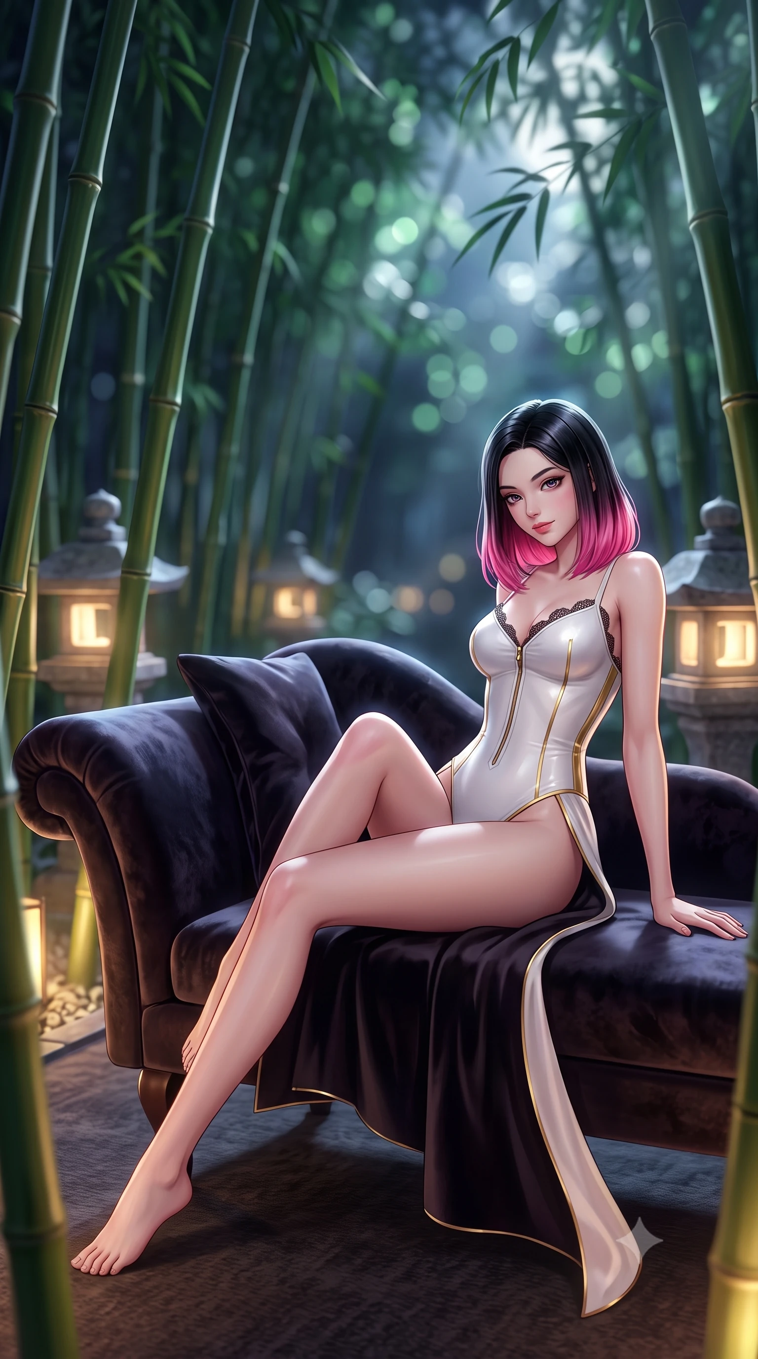 score_9, masterpiece, best quality, ultra-detailed, high-budget anime keyframe, semi-realistic 3D game render, editorial fashion photography, tasteful artistic composition, Korean woman. low angle full-body shot from head to toe showing her feet, filling the entire 9:16 vertical frame with her statuesque presence, stretching her vertical silhouette. reclining gracefully across the plush chaise lounge with one leg extended, her sculpted silhouette and flat midriff radiating magnetic nocturnal glamour while leaning against the illuminated glass railing with hips cocked back, looking through towering green bamboo stalks with an intoxicating bedroom-gaze. The background shows a soft-focus towering green bamboo stalks swaying in night breeze, glowing granite toro stone lanterns, and silver moonbeams blurred into emerald, moss-green, and pale silver bokeh. She has an absolutely perfect, statuesque 8.5-heads proportion, an exceptionally tall and slender model-like female figure with impossibly long slender legs, an ultra-slim waist, a flat toned midriff, narrow delicate ribcage, and beautifully sculpted feminine hips creating a graceful, slim hourglass silhouette without any bulky heaviness. sharp v-shaped jawline, high-bridge nose, sparkling eyes with hypnotic seductive depth, thick curled eyelashes, glossy parted lips with a natural dewy peach sheen, alluring bedroom-eyes with an enchanting coquettish smile, exuding magnetic siren charisma and sophisticated glamour, flawlessly proportioned anatomical accuracy, strict slender model proportions, natural body alignment, perfectly sculpted long slender limbs, ultra-slim waistline, clean dynamic posture without body distortion. wearing a form-contouring wet-look neoprene zip-front maillot with high-cut leg openings and gold racing side trims in pure alabaster with golden sheen, tailored from ultra-plush velvet with rich tactile depth and deep shadow gradients, finished with scalloped eyelash lace trim framing her sweetheart neckline with intimate elegance, the high-slit wrap tailoring accentuating her ultra-slim waistline and the enchanting curve of her feminine hips with alluring seductive charm. bathed in soft 2700K warm upward spotlights illuminating the bamboo bases combined with cool silver moonbeams filtering through the canopy. highly saturated vibrant anime colors, detailed shading with soft gradients, rich glossy textures, high-contrast stereoscopic depth, volumetric dynamic lighting, master piece, 9:16 ratio