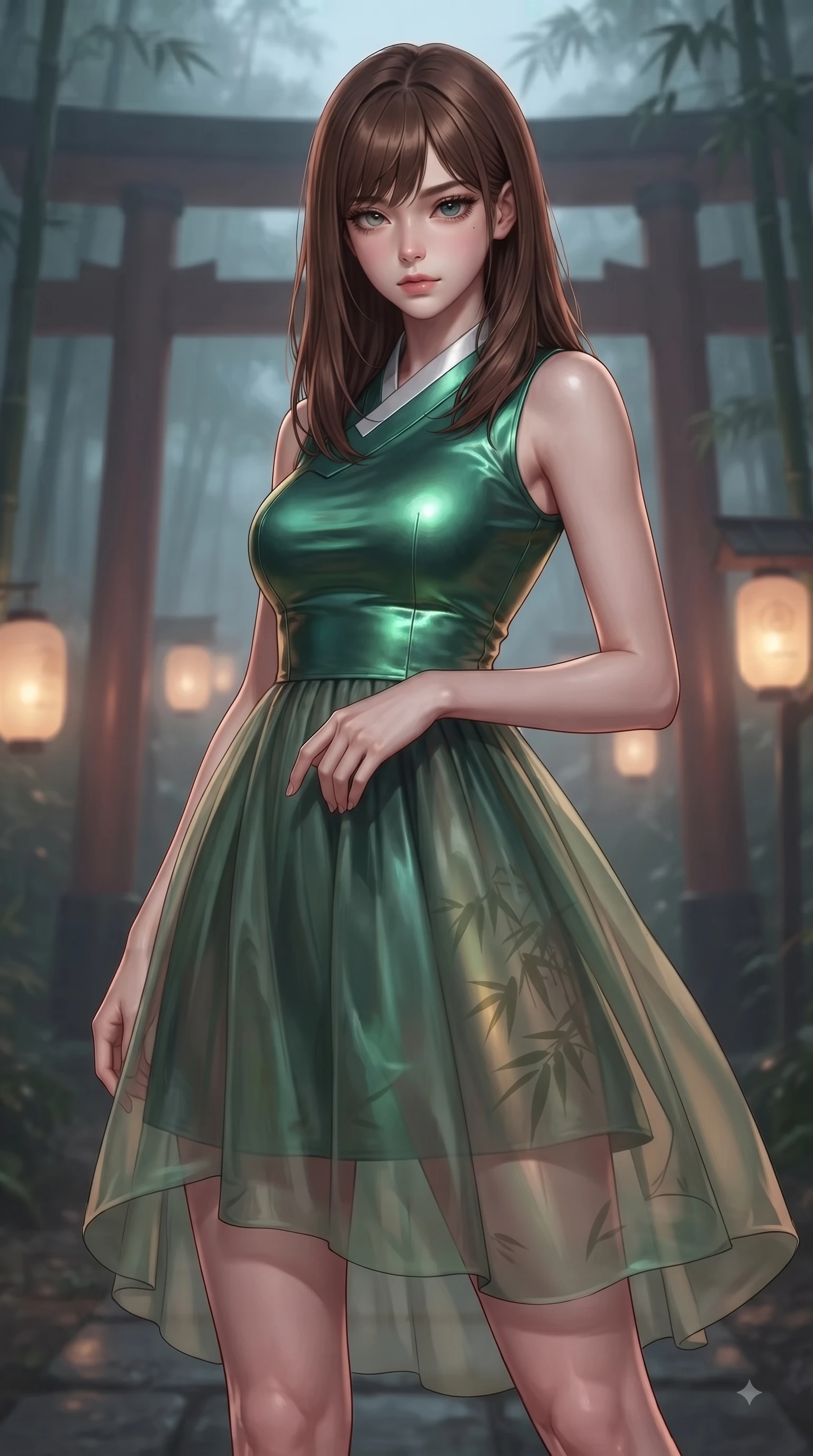 score_9, masterpiece, best quality, ultra-detailed, high-budget anime keyframe, editorial fashion photography, tasteful artistic composition, Korean woman woman. close-up cowboy shot from the waist and thighs up, the character dominates the composition, filling the frame with her large presence, background elements kept in soft focus. She has an exceptionally elegant, slender, and willowy female figure with an ultra-slim waist, a gracefully sculpted slender torso, and a refined silhouette. casting a slow, direct gaze beneath heavy lashes with magnetic intensity, flawlessly proportioned anatomical accuracy, natural body alignment, perfectly sculpted elegant limbs, clean dynamic posture without body distortion. set against a soft-focus background of a misty bamboo torii shrine path with glowing paper lanterns. wearing a modern fusion silk hanbok dress with a structured emerald bodice and flowing layered skirt. bathed in warm amber lantern light casting soft organic bamboo leaf stencil shadows. ultra-reflective glossy finish, specular highlights, metallic sheen, high-contrast stereoscopic depth, volumetric dynamic lighting, 2k, ultra detail, master piece, 9:16 ratio