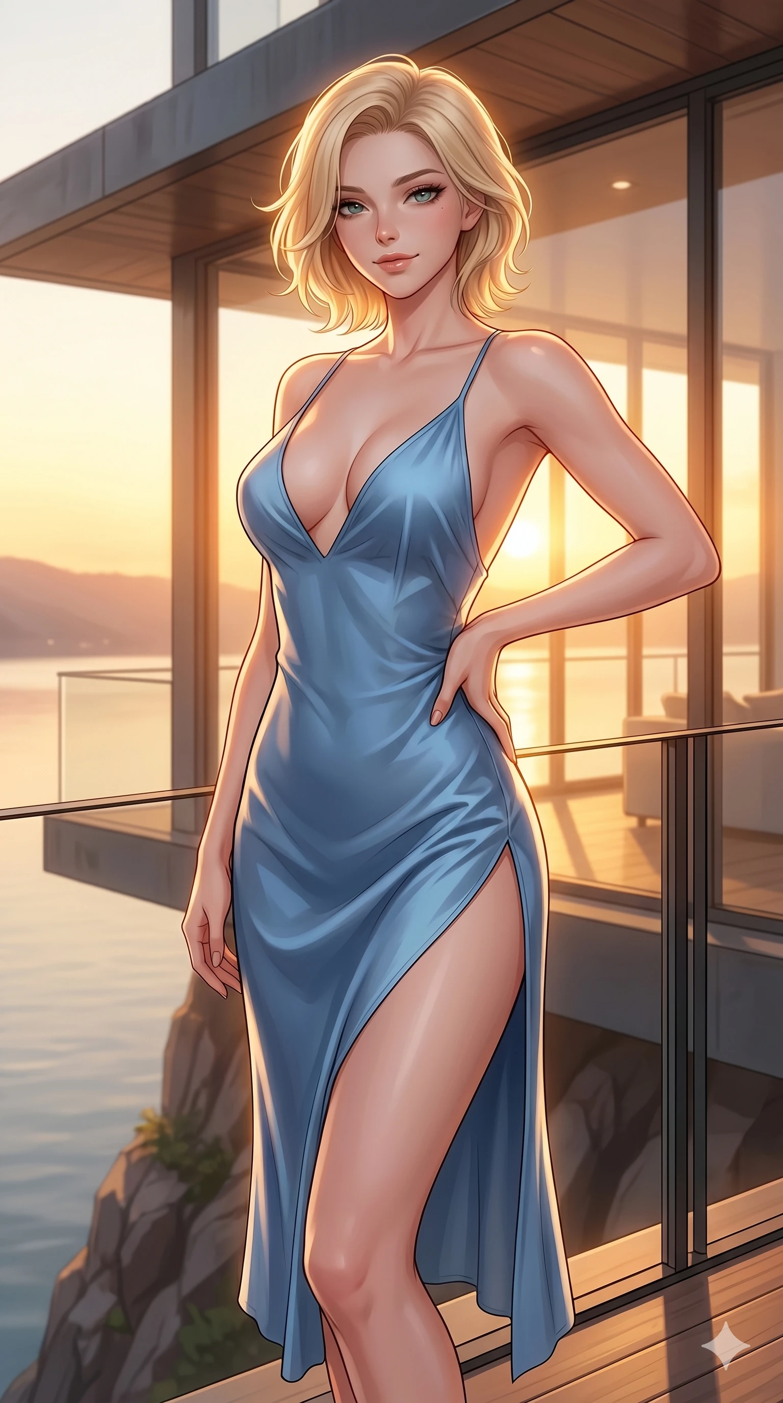 score_9, masterpiece, best quality, ultra-detailed, high-budget anime keyframe, editorial fashion photography, tasteful artistic composition, Caucasian woman, strictly human ears. cowboy shot from the thighs up, character and outfit filling the frame for maximum editorial presence. resting one hand on the curve of her hip, arching her back gracefully with a confident, bedroom-eyes smile on a private viewing balcony of a modern architectural home built on a cliffside over a lake (Code-P013). She has an absolutely perfect 8-heads proportion, an exceptionally tall and slender female figure with impossibly long slender legs and an ultra-slim waist. V-shaped jawline, high-bridge nose, intricate jewel-like eyes with depth, thick eyelashes, glossy lips with a natural sheen. wearing a lightweight blue silk slip dress with an ultra-deep plunging neckline and a high side slit. bathed in warm, golden sunset light pouring through the windows, casting a warm glowing aura over her. 2k, ultra detail, master piece, 9:16 ratio