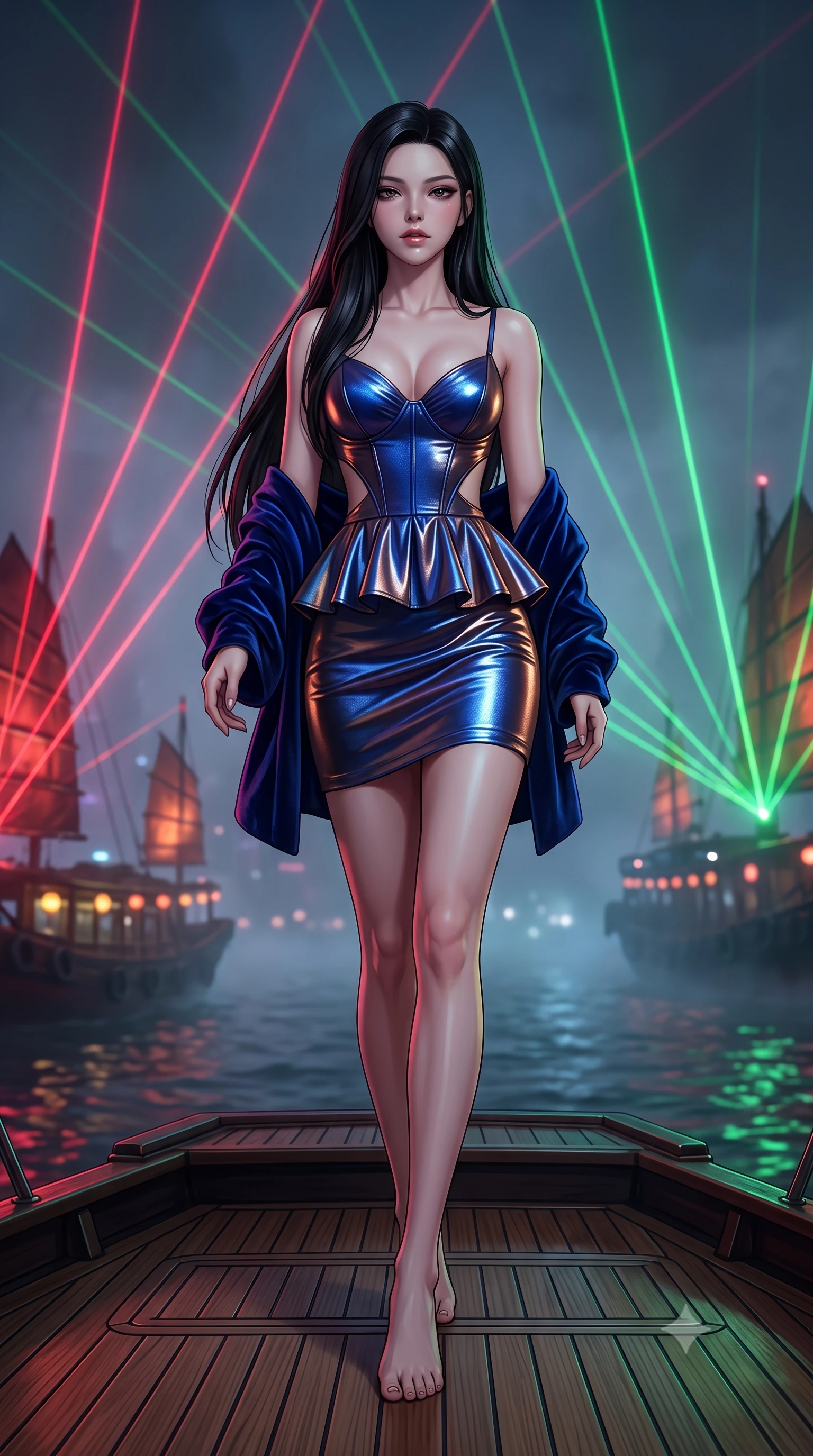 score_9, masterpiece, best quality, ultra-detailed, high-budget anime keyframe, semi-realistic 3D game render, editorial fashion photography, tasteful artistic composition, Korean woman. low angle full-body shot from head to toe showing her feet, filling the entire 9:16 vertical frame with her statuesque presence, stretching her vertical silhouette. striding forward in a proud supermodel runway stride, hips swaying in an alluring kinetic rhythm that accentuates her curvy hourglass silhouette while standing on the teak deck of a futuristic neon-rigged motorized junk boat, arching her back as laser light beams pierce the dense Victoria Harbour mist. The composition keeps background elements in soft focus with creamy bokeh. bobbing lantern barges and harbor water ripples softened in moody cyberpunk shallow focus. She has an exceptionally tall and slender model-like 8.5-heads proportion, an ultra-slim waist, a flat toned midriff, narrow delicate ribcage, and beautifully sculpted feminine hips creating a graceful, slim hourglass silhouette without any bulky heaviness, with impossibly long slender legs. sharp v-shaped jawline, high-bridge nose, intricate jewel-like eyes with depth, thick eyelashes, glossy parted lips with a natural sheen, intensely captivating and seductive bedroom-eyes expression, flawlessly proportioned anatomical accuracy, strict slender model proportions, natural body alignment, perfectly sculpted long slender limbs, ultra-slim waistline, clean dynamic posture without body distortion. wearing a modern peplum corset dress with side-waist diamond cutouts and an ultra-tight silhouette in royal sapphire blue and liquid bronze, crafted from luxurious metallic lamé that shifts radiance with every step, complemented by a plush velvet shawl draped loosely over her elbows, the liquid-tight tailored fabric clinging flawlessly to her narrow waist and rounded feminine hips, emphasizing every millimeter of her sculpted slim hourglass curves without any bulky heaviness. bathed in vivid crimson and laser emerald neon edge lights contrasting with dark oceanic shadows. highly saturated vibrant anime colors, detailed shading with soft gradients, rich glossy textures, high-contrast stereoscopic depth, volumetric dynamic lighting, master piece, 9:16 ratio