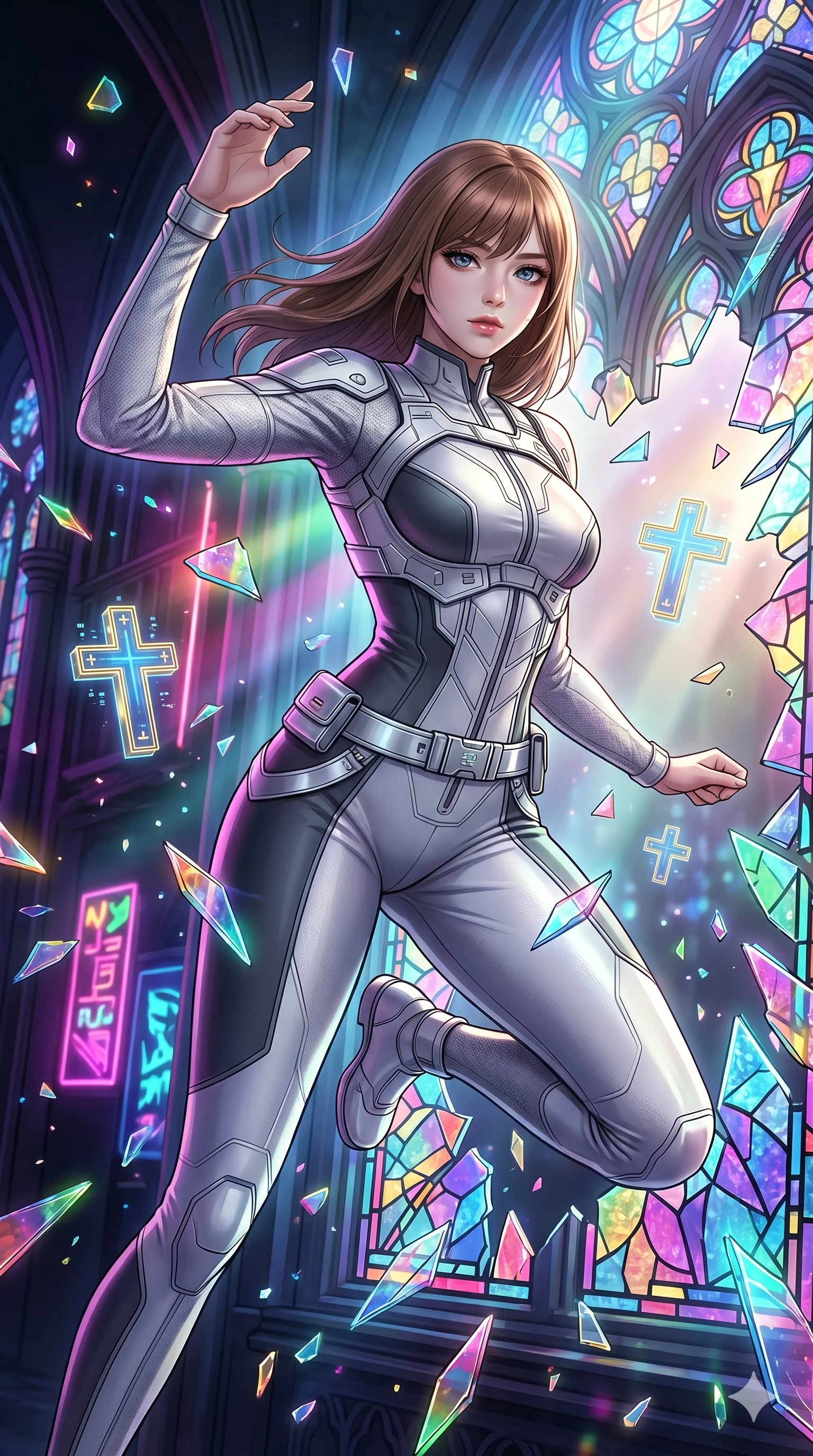 score_9, masterpiece, best quality, ultra-detailed, high-budget anime keyframe, Korean woman. Upper body close-up from the thighs up, character filling the screen for maximum presence. She is leaping through shattered stained glass of a neon-lit futuristic cathedral. She maintains a serene yet captivating expression amidst a rain of glowing shards and floating digital cross symbols. She has an absolutely perfect 8-heads proportion, a tall and elegant figure with a refined silhouette and a defined waistline. V-shaped jawline, high-bridge nose, intricate jewel-like eyes with depth, thick eyelashes, glossy lips with a natural sheen. She is wearing a high-fashion tech-jumpsuit featuring structured panel overlays across the torso and shoulders, accented by a metallic silver utility belt and textured fabric sleeves. The scene is backlit by intense multi-colored neon light rays and volumetric dawn light filtering through fog. 2k, ultra detail, master piece, 9:16 ratio