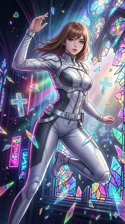 score_9, masterpiece, best quality, ultra-detailed, high-budget anime keyframe, Korean woman. Upper body close-up from the thighs up, character filling the screen for maximum presence. She is leaping through shattered stained glass of a neon-lit futu