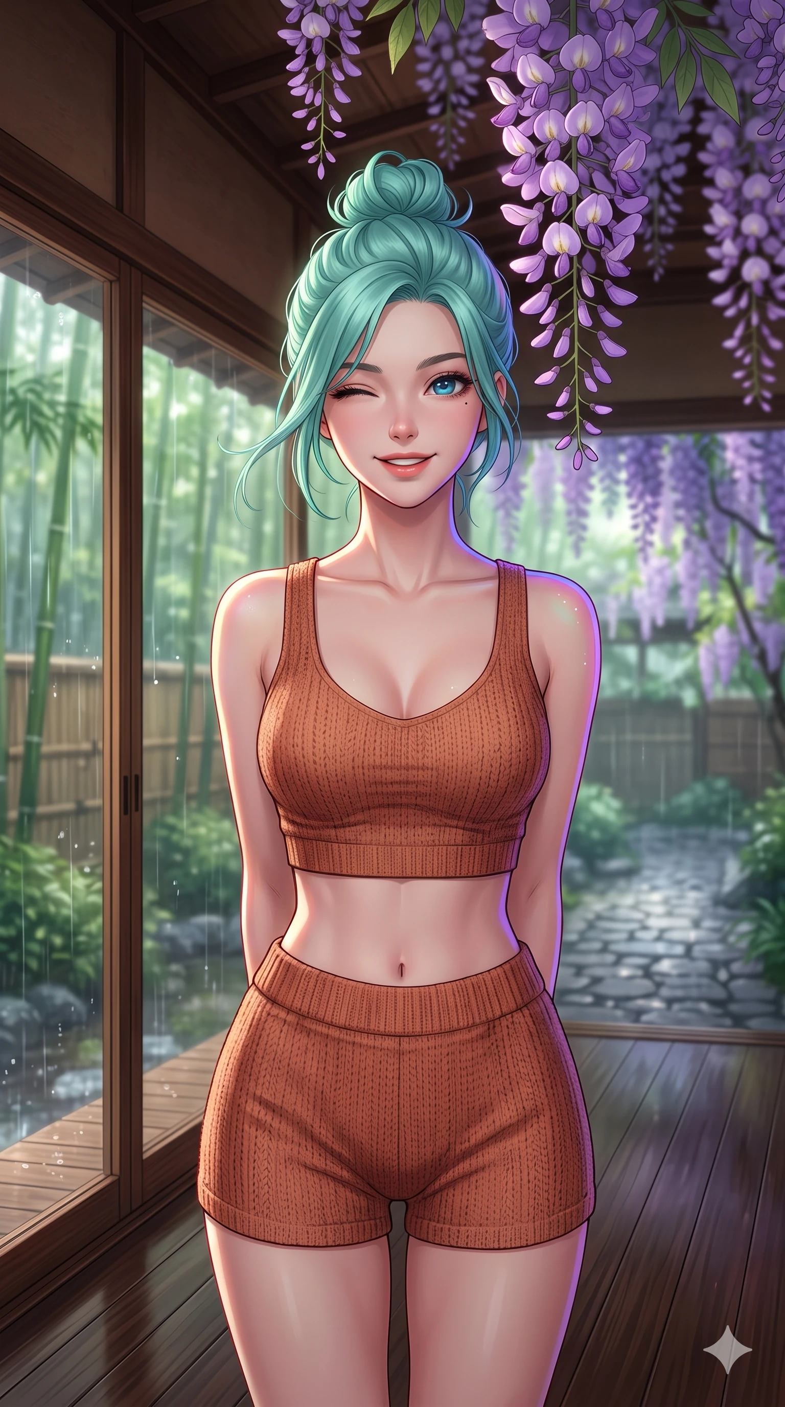 score_9, masterpiece, best quality, ultra-detailed, high-budget anime keyframe, vibrant anime aesthetic, Japanese woman. close-up cowboy shot from the waist and thighs up, the character dominates the composition, filling the frame with her large presence, background elements kept in soft focus. She is standing under wisteria vines, winking with a cheerful and lively face, looking directly into the lens with a soft breath of wind in her hair. inside a warm, wood-paneled tea house veranda with large sliding glass doors facing a rain-swept bamboo garden (Code-P22-071). She has an absolutely perfect proportion, an exceptionally elegant and slender female figure with an ultra-slim waist. V-shaped jawline, high-bridge nose, intricate jewel-like eyes with depth, thick eyelashes, glossy lips with a natural sheen. wearing a cropped knit top paired with matching knit shorts in warm terracotta. She is lit by vibrant twilight sky reflections, tracing her shoulders and neckline, outlining her elegant silhouette along the cobblestone alley. 2k, ultra detail, master piece, 9:16 ratio