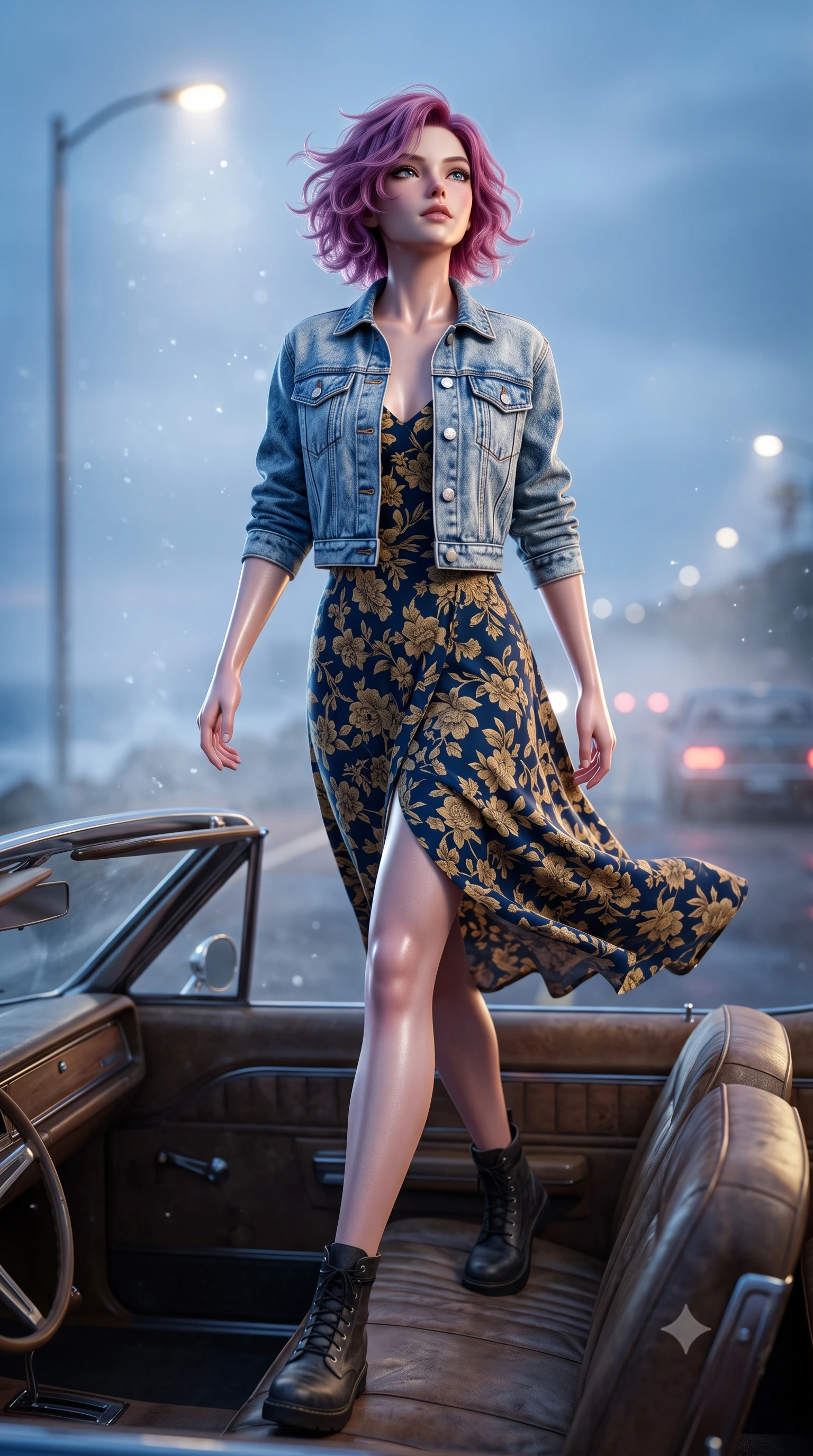 score_9, masterpiece, best quality, ultra-detailed, high-budget anime keyframe, semi-realistic 3D game render, editorial fashion photography, tasteful artistic composition, Caucasian woman. low angle full-body shot from head to toe showing her feet, filling the entire 9:16 vertical frame with her statuesque presence, stretching her vertical silhouette. striding forward in a proud, dynamic supermodel runway stride, her statuesque vertical silhouette commanding the entire frame while sitting on the leather seat of an open-top classic cruiser, head tilted back as ocean breeze tangles her hair. The composition keeps background elements in soft focus with creamy bokeh. cool ocean mist and streetlamp halos scattering dreamy nostalgic light motes across the road. She has an absolutely perfect, statuesque 8.5-heads proportion, an exceptionally tall and slender model-like female figure with impossibly long slender legs, a toned flat midriff, and an ultra-slim waist. sharp v-shaped jawline, high-bridge nose, intricate jewel-like eyes with depth, thick eyelashes, glossy lips with a natural sheen, captivating and magnetic expression, flawlessly proportioned anatomical accuracy, strict slender model proportions, natural body alignment, perfectly sculpted long slender limbs, ultra-slim waistline, clean dynamic posture without body distortion. wearing a classic cropped acid-wash denim jacket paired with a floral print slip dress and combat boots in deep navy blue and vintage brass gold, made of premium heavyweight washed denim and breathable cotton poplin, finished with polished mother-of-pearl buttons and tailored flap pockets, the breezy yet form-flattering drape swaying gracefully with her steps, accentuating her long willowy limbs and slim waistline. illuminated by crisp metallic reflections tracing her ultra-slim waistline, collarbones, and long legs. highly saturated vibrant anime colors, detailed shading with soft gradients, rich glossy textures, high-contrast stereoscopic depth, volumetric dynamic lighting, master piece, 9:16 ratio