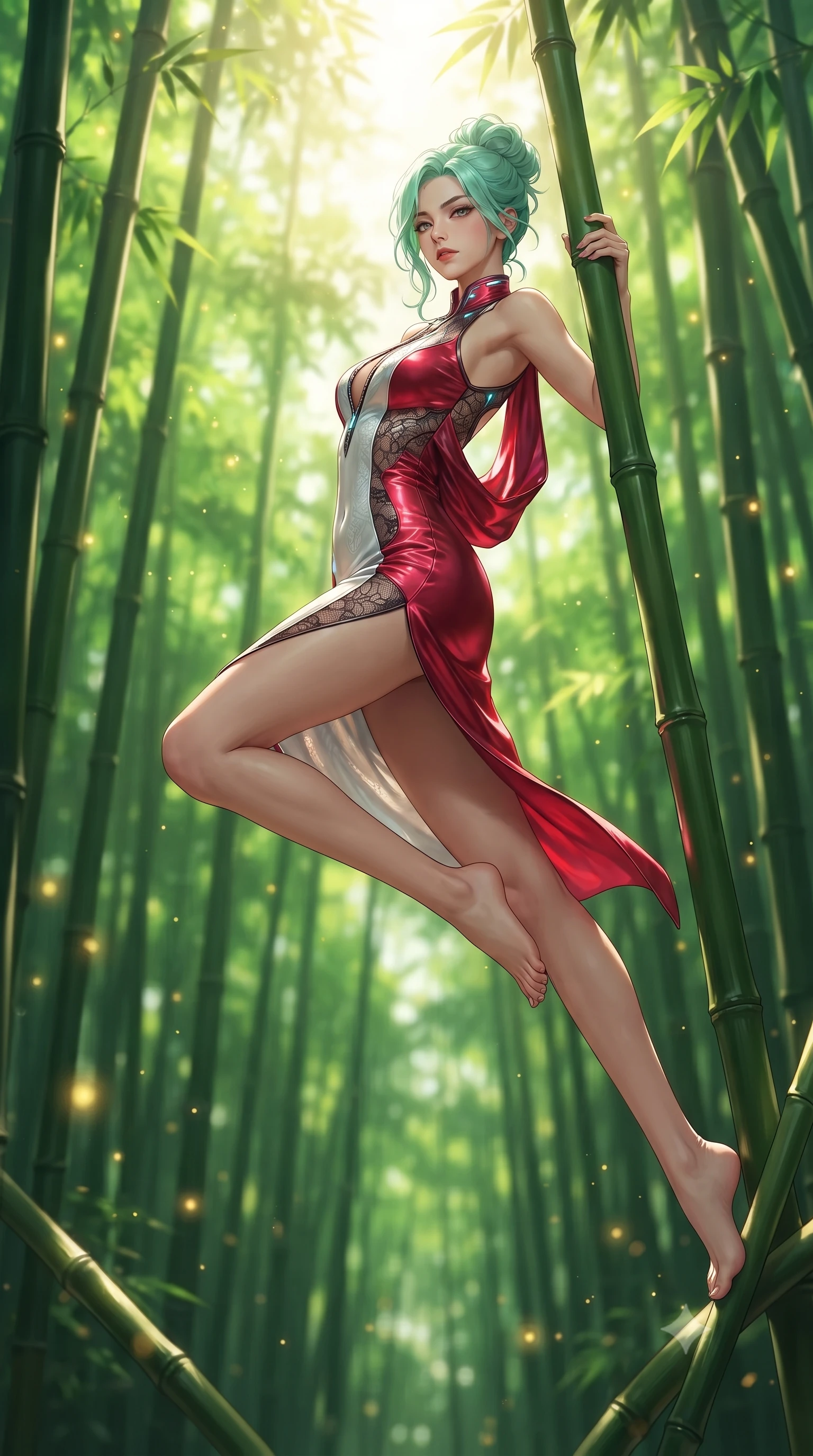 score_9, masterpiece, best quality, ultra-detailed, high-budget anime keyframe, editorial fashion photography, tasteful artistic composition, Japanese woman. low angle full-body shot from head to toe showing her feet, filling the entire 9:16 vertical frame with her statuesque presence, stretching her vertical silhouette. leaping through mid-air with an athletic yet alluring arch of her spine, her impossibly long slender legs stretched in flawless poise while leaning against a tall emerald bamboo stalk with a smoldering, haughty glance as sunlight filters through green leaves. The composition keeps background elements in soft focus with creamy bokeh. dense emerald bamboo stalks and glowing golden firefly motes blurred into lush green and amber bokeh. She has an absolutely perfect, statuesque 8.5-heads proportion, an exceptionally tall and slender model-like female figure with impossibly long slender legs, a toned flat midriff, and an ultra-slim waist. sharp v-shaped jawline, high-bridge nose, intricate jewel-like eyes with depth, thick eyelashes, glossy lips with a natural sheen, flawlessly proportioned anatomical accuracy, strict slender model proportions, natural body alignment, perfectly sculpted long slender limbs, ultra-slim waistline, clean dynamic posture without body distortion. wearing a precision-fitted liquid jersey bodycon dress with a dramatic draped cowl back that swoops down to her waist and a high side slit in radiant crimson silk and crisp snow white, crafted from delicate dark lace interwoven with luminescent micro-fibers, featuring a dangerously unzipped neckline framed by glowing cybernetic accents, the form-contouring material adhering flawlessly to her sculpted flat midriff and slender torso, emphasizing her long leg lines and perfectly proportioned willowy build. bathed in bright morning sunbeams filtering through emerald bamboo canopies. ultra-reflective glossy finish, specular highlights, metallic sheen, high-contrast stereoscopic depth, volumetric dynamic lighting, 2k, ultra detail, master piece, 9:16 ratio