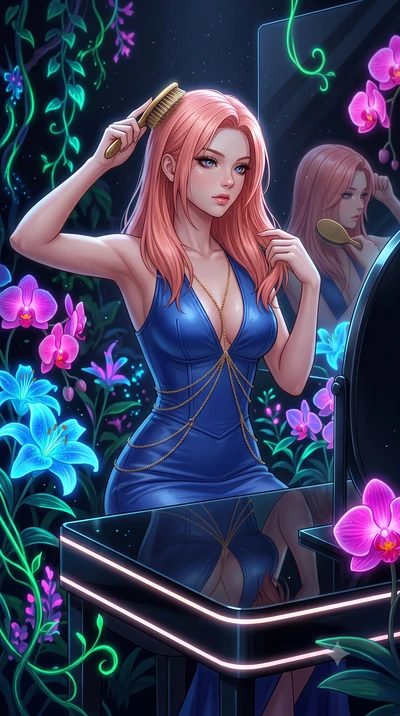 score_9, masterpiece, best quality, ultra-detailed, High-budget Anime Keyframe, East Asian woman. Low angle cowboy shot filling the entire 9:16 frame with her statuesque presence. Scenario 414: brushing her hair while seated before a vanity of black 