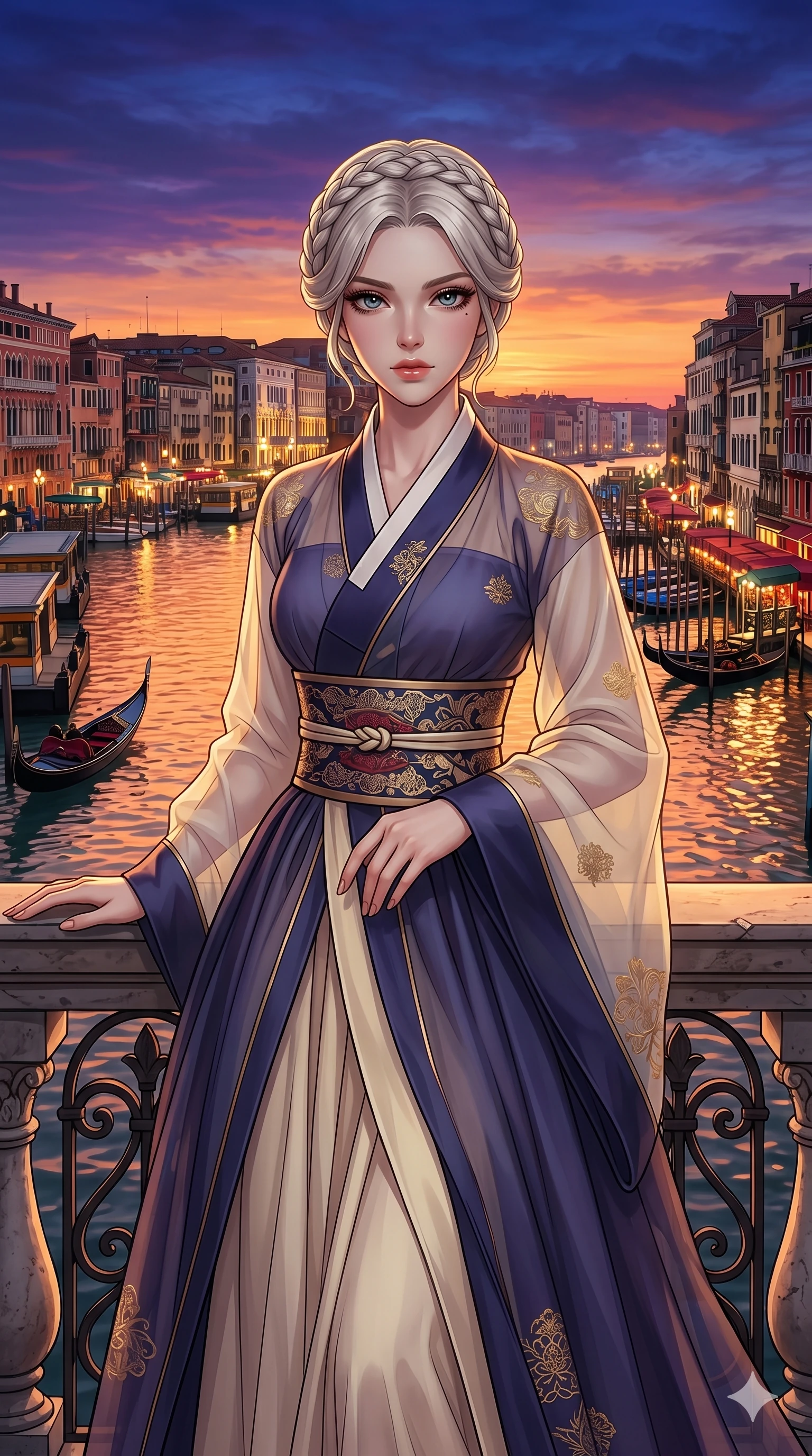 score_9, masterpiece, best quality, ultra-detailed, Set C: High-budget Anime Keyframe, Korean woman. Upper body close-up from the thighs up, character filling the screen for maximum presence. Standing on a balcony overlooking a city of canals and gondolas at sunset. She has an absolutely perfect 8-heads proportion, an exceptionally tall and slender female figure with an slender waist and elegant poise. Sharp v-shaped jawline, high-bridge nose, intricate jewel-like eyes with depth, thick eyelashes, glossy lips. Wearing a Modern Traditional outfit: fusion silk robes with transparent panels and a wide obi. Background is a bright and colorful Venetian-style city with orange reflections and a vibrant sky. 2k, ultra detail, master piece, 9:16 ratio