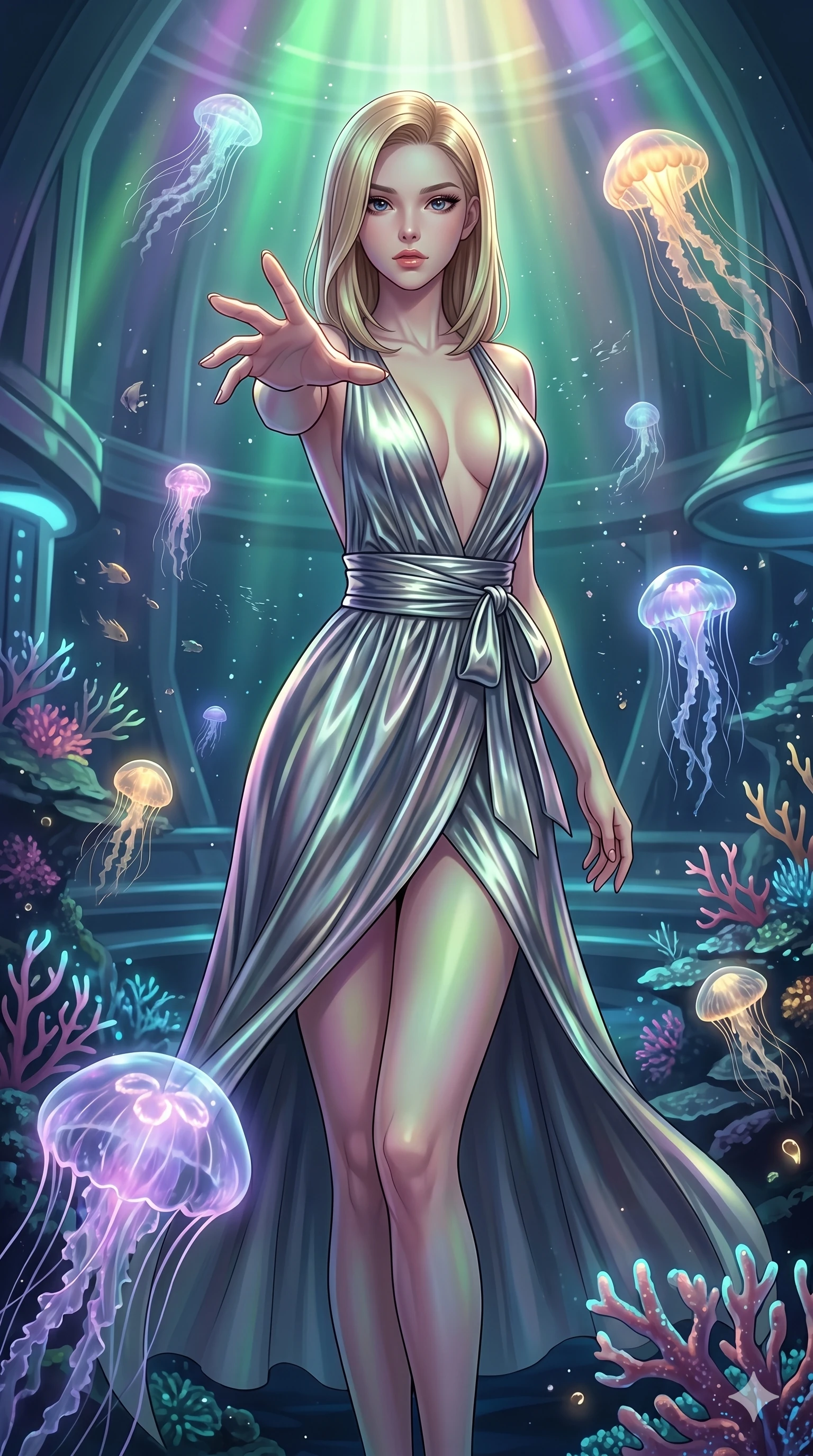 score_9, masterpiece, best quality, ultra-detailed, high-budget anime keyframe, editorial fashion photography, tasteful artistic composition, Korean woman. cowboy shot from the thighs up, character and outfit filling the frame for maximum editorial presence. Reaching one hand toward the viewer with relaxed elegance within a submerged futuristic palace surrounded by bioluminescent coral and jellyfish. She has an absolutely perfect 8-heads proportion, an exceptionally tall and slender female figure with impossibly long slender legs and an ultra-slim waist. V-shaped jawline, high-bridge nose, intricate jewel-like eyes with depth, thick eyelashes, glossy lips with a natural sheen. wearing a metallic liquid-silver deep-V wrap dress with a dramatically dramatically open neckline, a wide cinched-waist tie-belt, and a fluid bias-cut skirt that falls mid-thigh to reveal long elegant legs. illuminated by a shifting aurora palette of green, violet, and gold from above, wrapping her in color. 2k, ultra detail, master piece, 9:16 ratio
