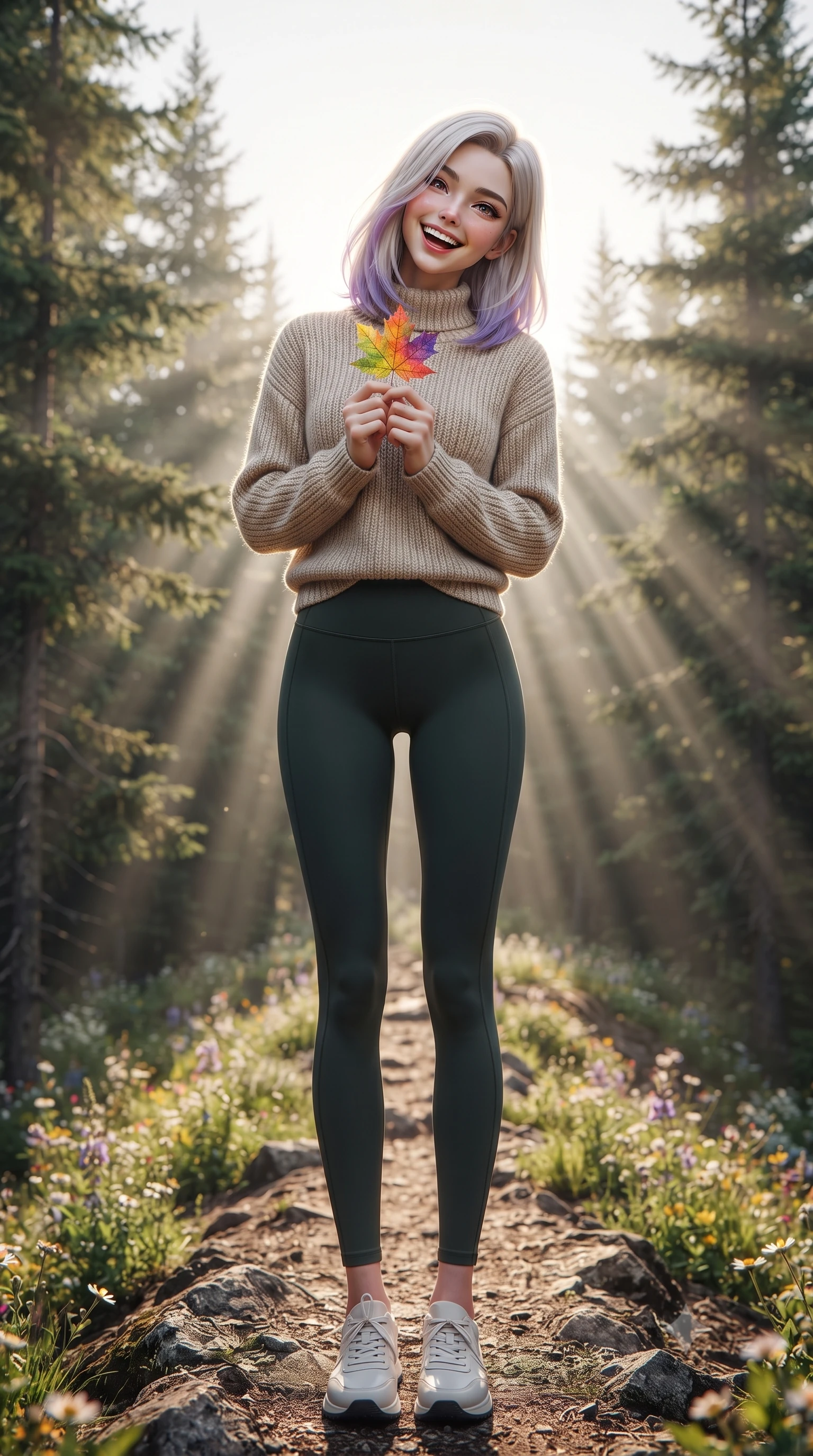 score_9, masterpiece, best quality, ultra-detailed, high-budget anime keyframe, editorial fashion photography, tasteful artistic composition, Caucasian woman. low angle full-body shot from head to toe showing her feet, filling the entire 9:16 vertical frame with her statuesque presence, stretching her vertical silhouette. standing with a cute, bright pose, tilting her head with a beaming smile set against a soft-focus background of on a rocky ridge path with green pine trees and wildflowers holding a colorful maple leaf with a delighted, cheerful smile. She has an absolutely perfect, statuesque 8.5-heads proportion, an exceptionally tall and slender model-like female figure with impossibly long slender legs and an ultra-slim waist. sharp v-shaped jawline, high-bridge nose, intricate jewel-like eyes with depth, thick eyelashes, glossy lips with a natural sheen. wearing body-hugging cozy knit sweater in oatmeal, paired with activewear pants. volumetric sunbeams slicing through the forest trees, creating light rays. ultra-reflective glossy finish, specular highlights, metallic sheen, high-contrast stereoscopic depth, volumetric dynamic lighting, 2k, ultra detail, master piece, 9:16 ratio