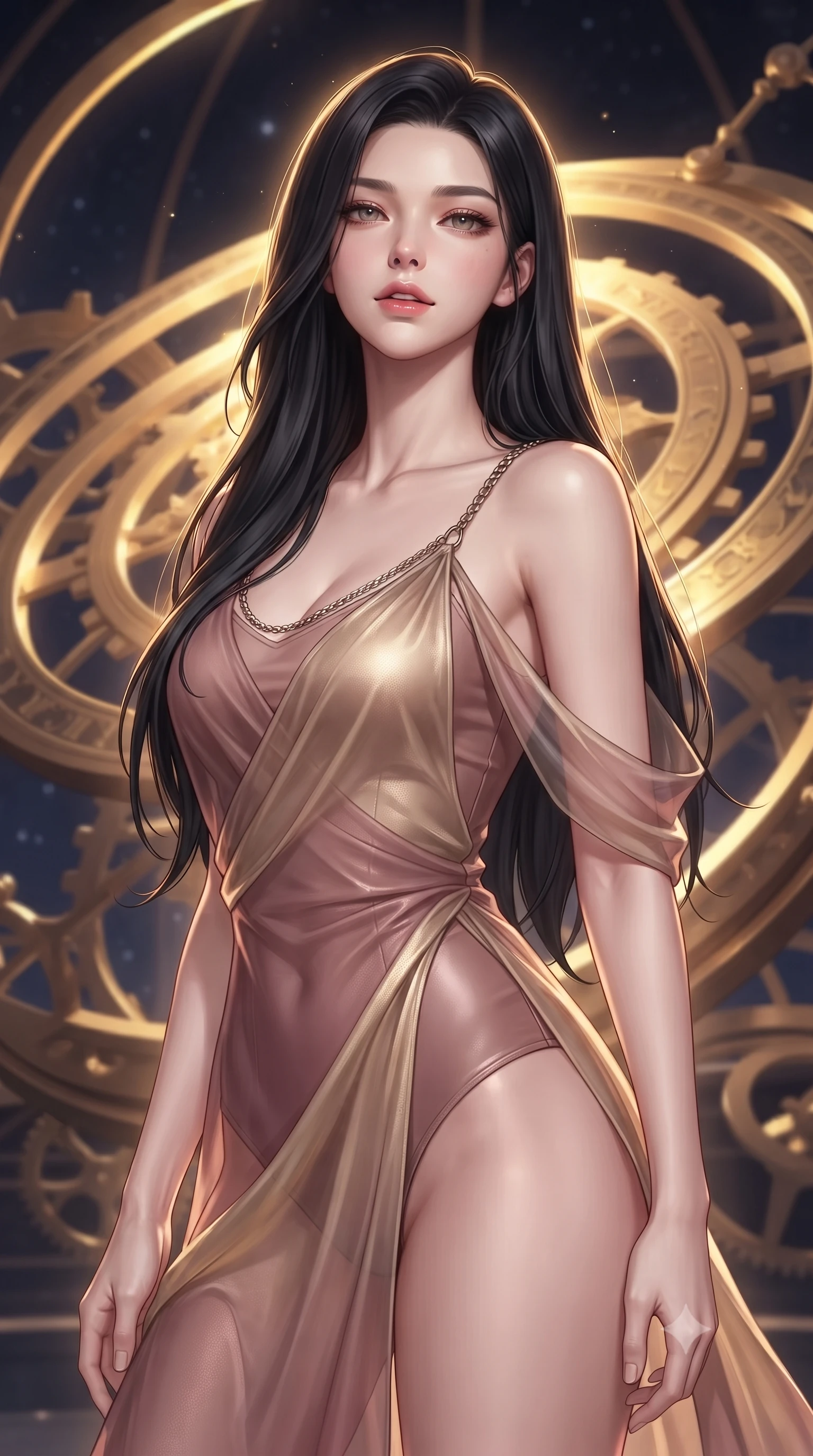 score_9, masterpiece, best quality, ultra-detailed, high-budget anime keyframe, editorial fashion photography, tasteful artistic composition, Korean woman. close-up cowboy shot from the waist and thighs up, the character dominates the composition, filling the frame with her large presence, background elements kept in soft focus. Tilting her chin up slightly with lips parted in a magnetic, composed expression inside a floating cosmic observatory with golden astrolabe rings, a cosmic eclipse casting brilliant golden rim highlights. She has an exceptionally elegant, slender, and willowy female figure with an ultra-slim waist, a gracefully sculpted slender torso, and a refined silhouette. sharp v-shaped jawline, high-bridge nose, intricate jewel-like eyes with depth, thick eyelashes, glossy lips with a natural sheen. wearing a semi-opaque sheer overlay dress over a leather micro-bodysuit in dusty rose and champagne gold, crafted from lustrous satin jersey with fluid draping, adorned with delicate metallic chain straps along the neckline, the glove-like fit emphasizing her statuesque silhouette. illuminated by brilliant starlight and warm golden inner glow from the astrolabe. highly saturated vibrant anime colors, detailed shading with soft gradients, rich glossy textures, high-contrast stereoscopic depth, volumetric dynamic lighting, master piece, 9:16 ratio