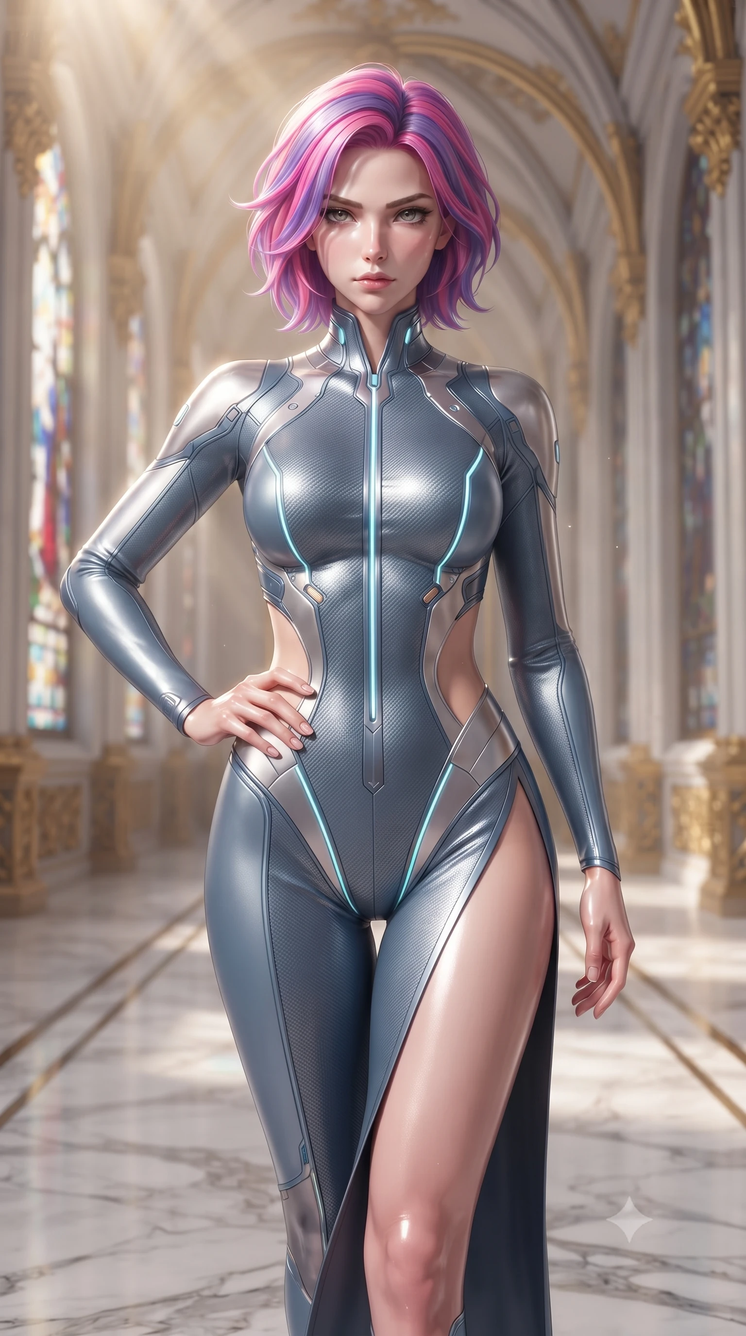 score_9, masterpiece, best quality, ultra-detailed, high-budget anime keyframe, editorial fashion photography, tasteful artistic composition, Caucasian woman. close-up cowboy shot from the waist and thighs up, the character dominates the composition, filling the frame with her large presence, background elements kept in soft focus. Holding a confident power pose with one hand on her hip, gazing directly into the camera with quiet intensity walking down a polished marble nave lined with tall stained glass arcades, golden filigree details on the architecture shining with brilliant luster. She has an exceptionally elegant, slender, and willowy female figure with an ultra-slim waist, a gracefully sculpted slender torso, and a refined silhouette. sharp v-shaped jawline, high-bridge nose, intricate jewel-like eyes with depth, thick eyelashes, glossy lips with a natural sheen. wearing a skin-tight cybernetic bodysuit with glowing neon seams and side cutouts in slate blue and metallic silver, made of fine carbon-fiber weave and soft matte leather, finished with a sleek side slit ascending to mid-thigh, the form-contouring material highlighting her ultra-slim waist and long lines. surrounded by a glowing divine aura of sunbeams and incense radiance. ultra-reflective glossy finish, specular highlights, metallic sheen, high-contrast stereoscopic depth, volumetric dynamic lighting, 2k, ultra detail, master piece, 9:16 ratio