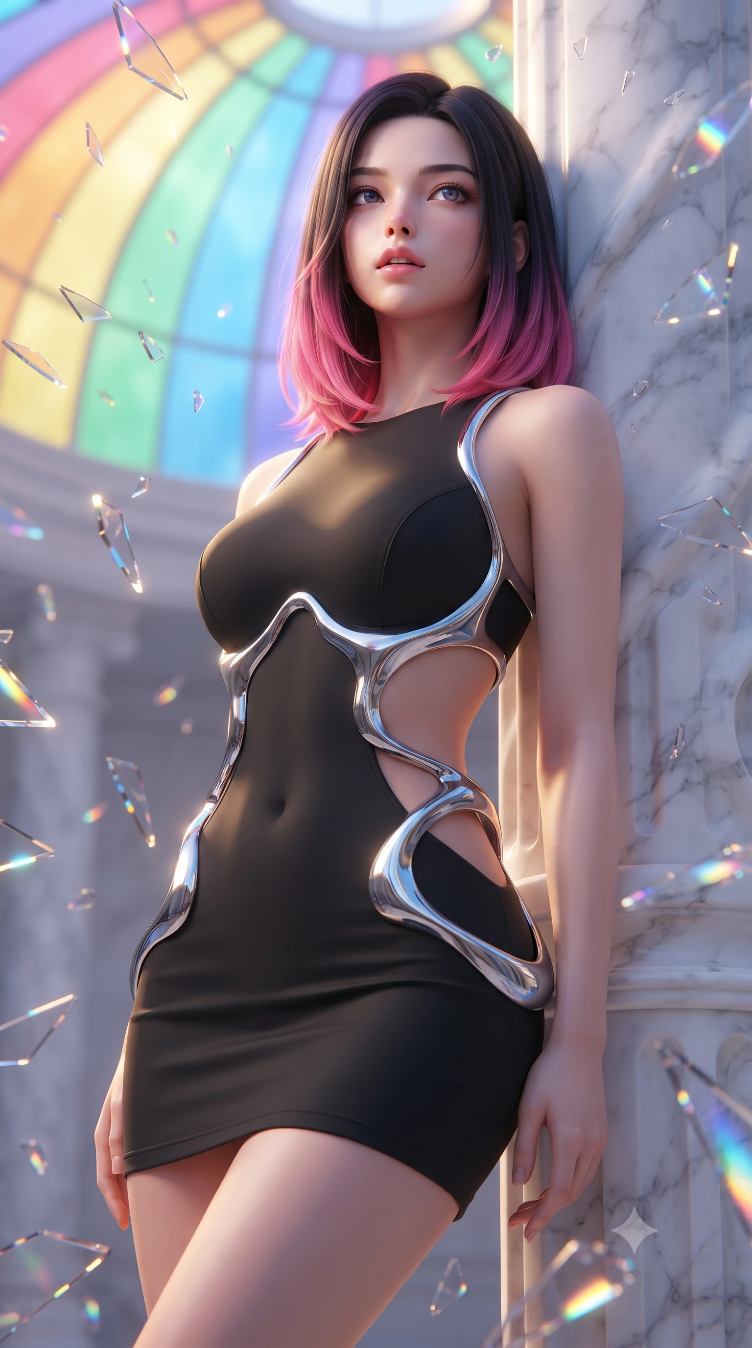 score_9, masterpiece, best quality, ultra-detailed, high-budget anime keyframe, editorial fashion photography, tasteful artistic composition, Korean woman. close-up cowboy shot from the waist and thighs up, the character dominates the composition, filling the frame with her large presence, background elements kept in soft focus. Tilting her chin up slightly with lips parted in a magnetic, composed expression resting against a sculpted white marble pillar under a rainbow dome, shattered glass shards catching bright specular highlights in mid-air. She has an exceptionally elegant, slender, and willowy female figure with an ultra-slim waist, a gracefully sculpted slender torso, and a refined silhouette. sharp v-shaped jawline, high-bridge nose, intricate jewel-like eyes with depth, thick eyelashes, glossy lips with a natural sheen. wearing a dramatic open-waist cutout mini dress in matte black framed by sculptural chrome hardware, the sleek second-skin texture accentuating her magnetic presence. illuminated by a warm golden key light and brilliant multi-color rim light. ultra-reflective glossy finish, specular highlights, metallic sheen, high-contrast stereoscopic depth, volumetric dynamic lighting, 2k, ultra detail, master piece, 9:16 ratio