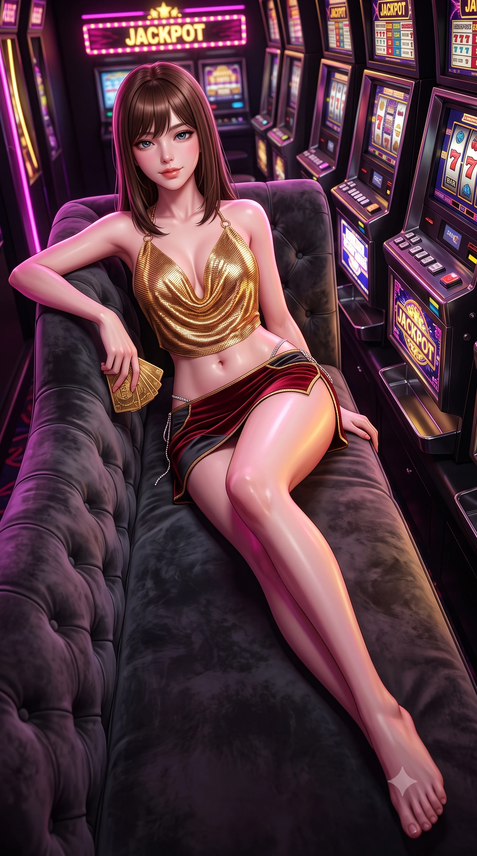 score_9, masterpiece, best quality, ultra-detailed, high-budget anime keyframe, semi-realistic 3D game render, editorial fashion photography, tasteful artistic composition, Korean woman. low angle full-body shot from head to toe showing her feet, filling the entire 9:16 vertical frame with her statuesque presence, stretching her vertical silhouette. reclining gracefully across the plush chaise lounge with one leg extended, her sculpted silhouette and flat midriff radiating magnetic nocturnal glamour while standing poised in the narrow neon gaming corridor, arching her spine as jackpot strobe lights flash across her curves. The surrounding environment is rendered in vivid detail and crisp panoramic clarity: sharp high-resolution CRT/OLED slot screen graphics, chrome coin tray reflection, and push button illumination in deep focus. She has an absolutely perfect, statuesque 8.5-heads proportion, an exceptionally tall and slender model-like female figure with impossibly long slender legs, an ultra-slim waist, a flat toned midriff, narrow delicate ribcage, and beautifully sculpted feminine hips creating a graceful, slim hourglass silhouette without any bulky heaviness. sharp v-shaped jawline, high-bridge nose, sparkling eyes with hypnotic seductive depth, thick curled eyelashes, glossy parted lips with a natural dewy peach sheen, alluring bedroom-eyes with an enchanting coquettish smile, exuding magnetic siren charisma and sophisticated glamour, flawlessly proportioned anatomical accuracy, strict slender model proportions, natural body alignment, perfectly sculpted long slender limbs, ultra-slim waistline, clean dynamic posture without body distortion. wearing a plunging cowl-neck liquid gold chainmail halter top paired with an ultra-low-rise velvet mini skirt and side rhinestone ties in rich cherry lacquer and smoky charcoal with gold piping, made of sheer gossamer chiffon that drapes softly against skin with airy translucence, accented with a stack of engraved gold casino plaques held loosely in one hand, the liquid-tight tailored fabric clinging flawlessly to her narrow waist and rounded feminine hips, emphasizing every millimeter of her sculpted slim hourglass curves without any bulky heaviness. illuminated by coin tray bounce and sharp magenta-gold rim lights sculpting her jawline, flat midriff, and voluptuous hip curves. highly saturated vibrant anime colors, detailed shading with soft gradients, rich glossy textures, high-contrast stereoscopic depth, volumetric dynamic lighting, master piece, 9:16 ratio