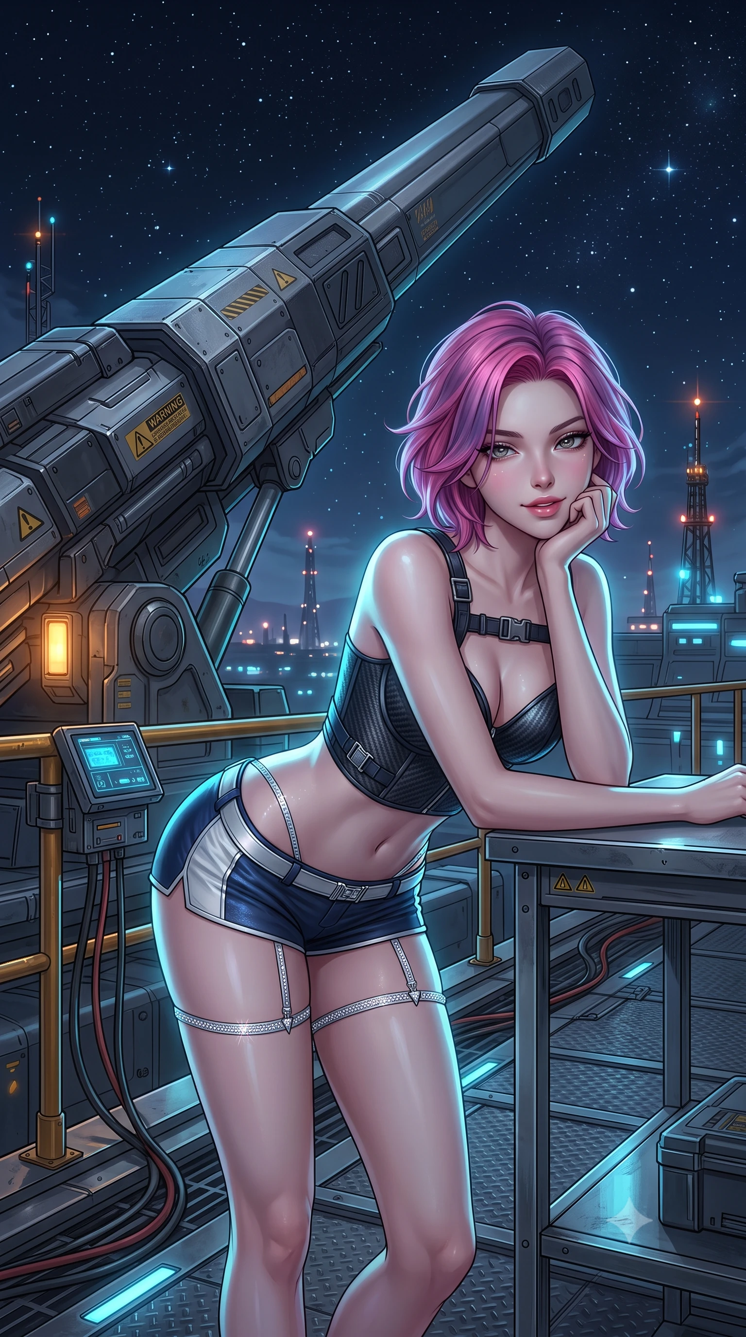 score_9, masterpiece, best quality, ultra-detailed, high-budget anime keyframe, semi-realistic 3D game render, editorial fashion photography, tasteful artistic composition, Caucasian woman. close-up cowboy shot from the waist and thighs up, the character dominates the composition, filling the frame with her large presence. resting one elbow on the table and supporting her chin, leaning close to the camera with heavy-lidded sparkling eyes and parted lips while standing poised on the maintenance gantry beside the monumental 100-meter railgun barrel pointed into the stars, arching her lower back with sovereign diva charisma. The surrounding environment is rendered in vivid detail and crisp panoramic clarity: detailed anime keyframe lines, rich fabric textures, and monumental space defense weapon architecture in razor-sharp precision. She has an exceptionally elegant, slender, and willowy female figure with an ultra-slim waist, flat toned midriff, narrow ribcage, and sculpted feminine hips creating an alluring, slim hourglass silhouette without bulk. sharp v-shaped jawline, high-bridge nose, intricate jewel-like sparkling eyes with depth, thick eyelashes, glossy parted lips with a natural peach sheen, bright cheerful beaming smile with an enchanting and coquettish sensual glint, exuding both youthful cute charm and seductive allure, flawlessly proportioned anatomical accuracy, strict slender model proportions, natural body alignment, perfectly sculpted long slender limbs, ultra-slim waistline, clean dynamic posture without body distortion. wearing a sculpted carbon-fiber underwire crop corset with tactical buckle straps paired with low-rise micro shorts in pristine orbital navy white and silver starlight, crafted from bespoke double-faced cashmere with an exceptionally soft tactile finish, finished with delicate crystal-encrusted thigh garter straps glinting in the dim light, the liquid-tight tailored fabric clinging flawlessly to her narrow waist and rounded feminine hips, emphasizing every millimeter of her sculpted slim hourglass curves without any bulky heaviness. illuminated by titanium deck reflection bounce and sharp electric-cyan rim lights sculpting her jawline, narrow waist, and curvy hips. highly saturated vibrant anime colors, detailed shading with soft gradients, rich glossy textures, high-contrast stereoscopic depth, volumetric dynamic lighting, master piece, 9:16 ratio