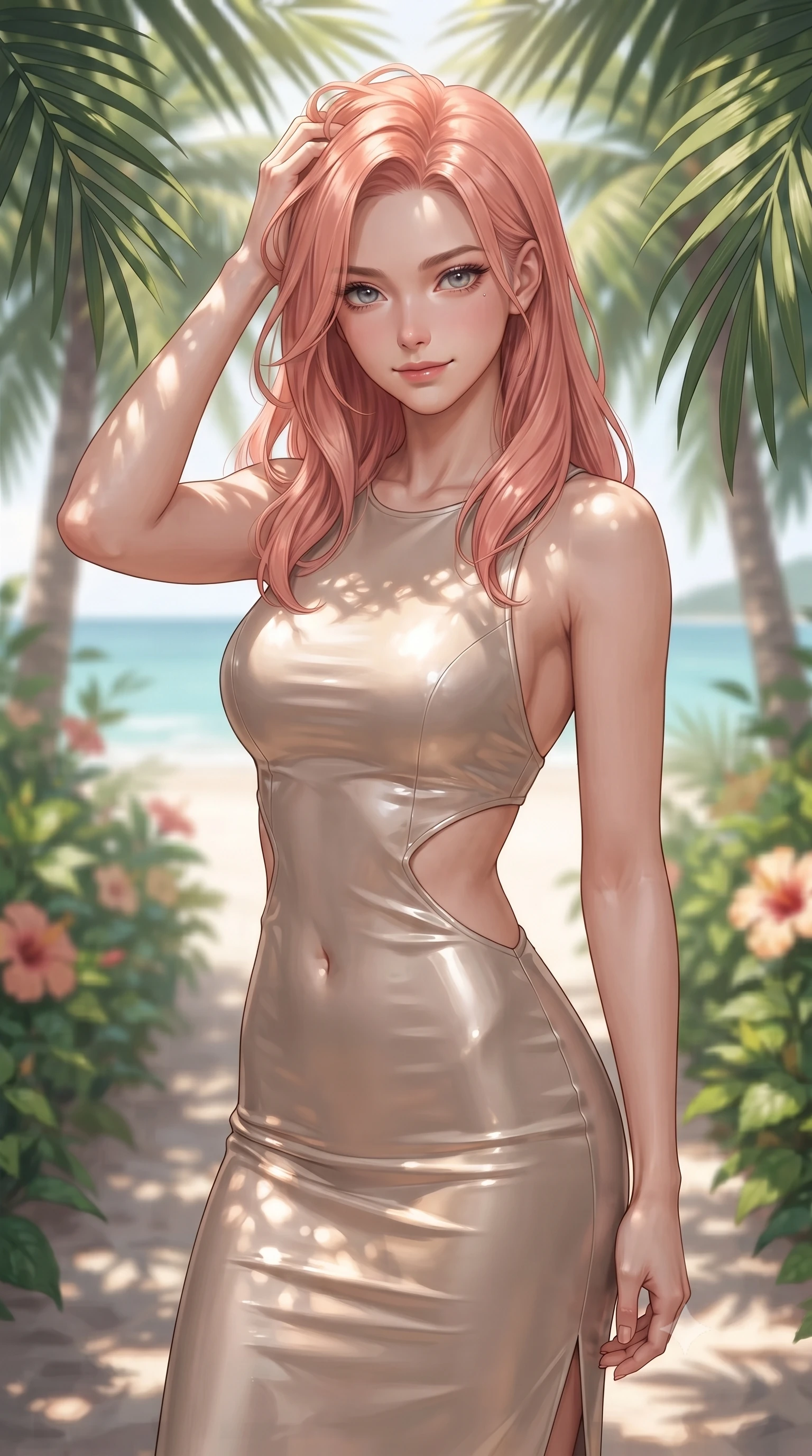 score_9, masterpiece, best quality, ultra-detailed, high-budget anime keyframe, editorial fashion photography, tasteful artistic composition, Japanese woman woman. close-up cowboy shot from the waist and thighs up, the character dominates the composition, filling the frame with her large presence, background elements kept in soft focus. smiling with quiet, magnetic self-assurance directly into the camera, running a hand through her hair the background shows a soft-focus a narrow pathway bordered by huge green palm leaves and wild hibiscus leading to the beach. She has an exceptionally elegant, slender, and willowy female figure with an ultra-slim waist, a gracefully sculpted slender torso, and a refined silhouette. sharp v-shaped jawline, high-bridge nose, intricate jewel-like eyes with depth, thick eyelashes, glossy lips with a natural sheen. wearing a slim-fit summer vacation dress in soft beige with dramatic architectural waist cutouts and a low back. dappled sunlight filtering through the palm leaves, casting organic shadow patterns. ultra-reflective glossy finish, specular highlights, metallic sheen, high-contrast stereoscopic depth, volumetric dynamic lighting, 2k, ultra detail, master piece, 9:16 ratio