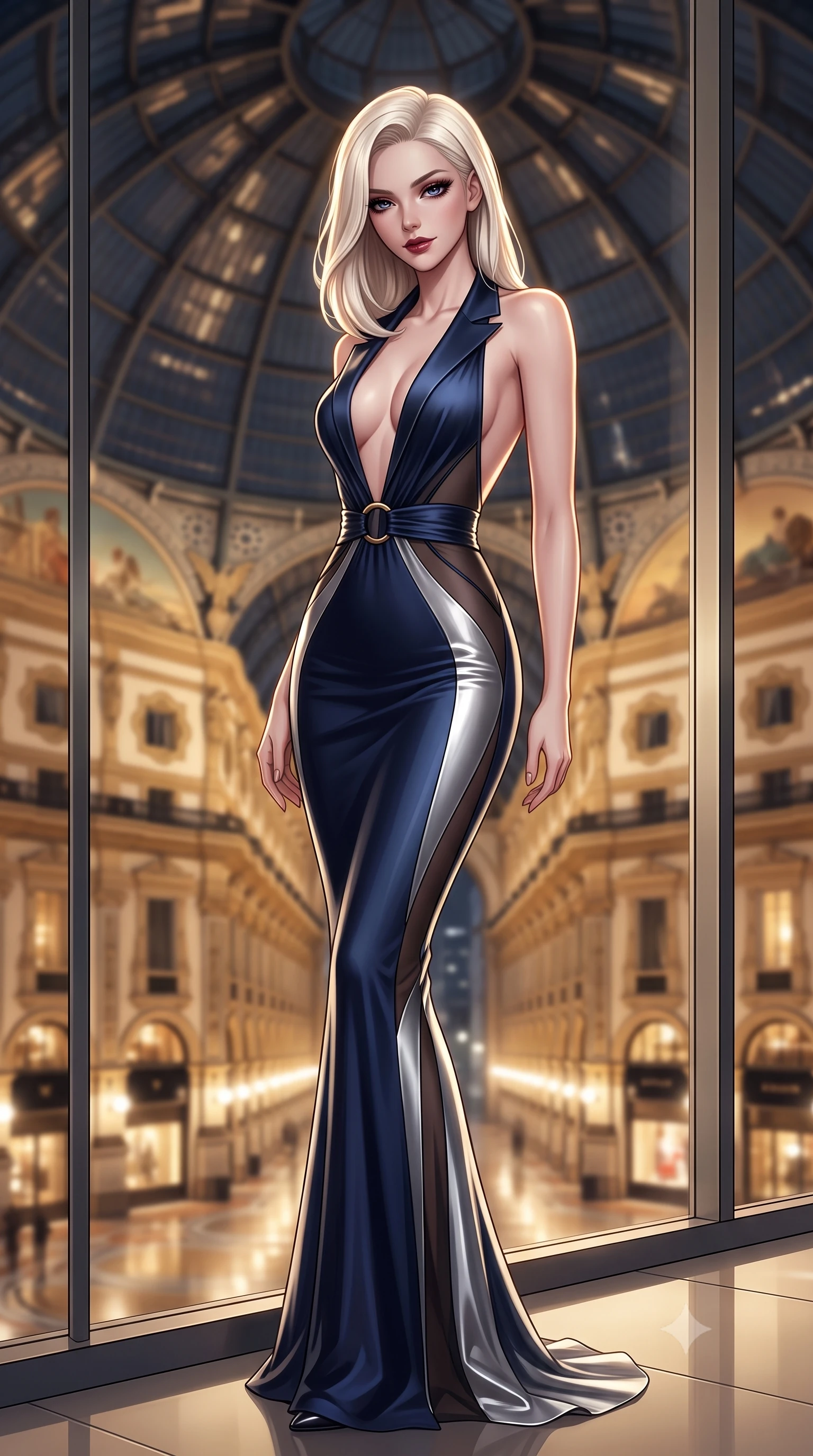 score_9, masterpiece, best quality, ultra-detailed, high-budget anime keyframe, editorial fashion photography, tasteful artistic composition, Caucasian woman. low angle full-body shot from head to toe showing her feet, filling the entire 9:16 vertical frame with her statuesque presence, stretching her vertical silhouette. leaning back against the panoramic glass window with hips cocked back in an unapologetically alluring high-fashion stance, illuminated by the city night vista while twisting her slender torso in an alluring contrapposto stance, her dark tailored gown clinging to her narrow waist and rounded feminine hips. The composition keeps background elements in soft focus with dreamy creamy bokeh. the colossal glass-and-iron vault ceiling and neoclassical palace facades glowing under midnight lamps blurred into warm gold, amber, and champagne bokeh. She has an exceptionally tall and slender model-like 8.5-heads proportion, an ultra-slim waist, a flat toned midriff, narrow delicate ribcage, and beautifully sculpted feminine hips creating a graceful, slim hourglass silhouette without any bulky heaviness, with impossibly long slender legs. sharp v-shaped jawline, high-bridge nose, intricate jewel-like dark sparkling eyes with dangerous depth, thick curled eyelashes, glossy parted lips with a rich wine sheen, smoldering seductive half-smile with bedroom-eyes, exuding effortless superiority and intoxicating dark allure, flawlessly proportioned anatomical accuracy, strict slender model proportions, natural body alignment, perfectly sculpted long slender limbs, ultra-slim waistline, clean dynamic posture without body distortion. wearing a deep plunging-V silk jersey evening gown with an open back scoop and waist-cinching gold ring in midnight sapphire navy and chrome silver, made of semi-opaque dark contouring mesh clinging like a second skin, finished with sharp tailored peak lapels and subtle horn button accents, the form-fitting cut adhering flawlessly to her sculpted flat midriff and slender torso, emphasizing her long leg lines and perfectly proportioned willowy build. illuminated by crisp champagne gold rim lighting and sharp architectural downlights sculpting her razor-sharp jawline, narrow waist, and curvy hips. ultra-reflective glossy finish, specular highlights, rich textural contrasts, high-contrast stereoscopic depth, volumetric dynamic lighting, 2k, ultra detail, master piece, 9:16 ratio