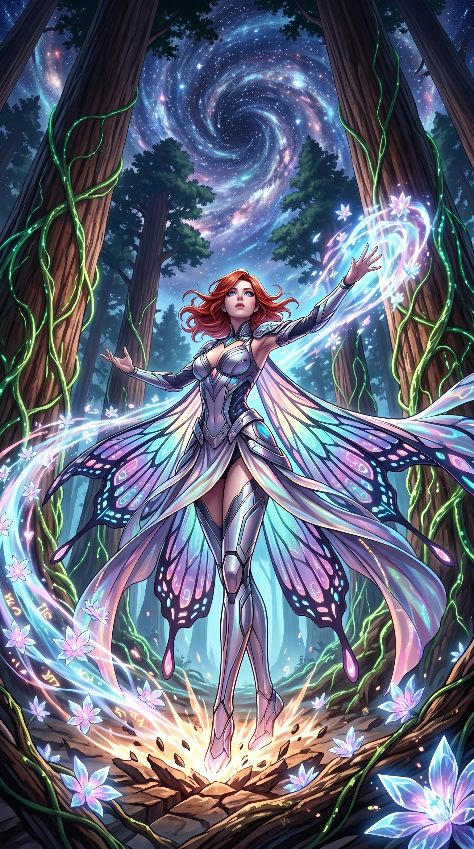 score_9, masterpiece, best quality, ultra-detailed, Set A: High-budget Anime Keyframe, Caucasian (human ears) woman. Low angle cowboy shot filling the entire 9:16 frame with her statuesque presence. Theme: Primal Nature. unleashing a massive energy wave in a giant redwood forest with glowing vines, while she leaves a trail of 106 blooming crystal flowers. The atmosphere is filled with a swirling vortex of stars. She has an absolutely perfect 8-heads proportion, an exceptionally tall and slender female figure with impossibly long slender legs and an ultra-slim waist. Sharp v-shaped jawline, high-bridge nose, intricate jewel-like eyes with depth, glossy lips. Wearing Cybernetic butterfly-theme dress with glowing wing-patterned silk capes. Cinematic lighting, vivid colors, dramatic shadows, 2k, ultra detail, master piece, 9:16 ratio