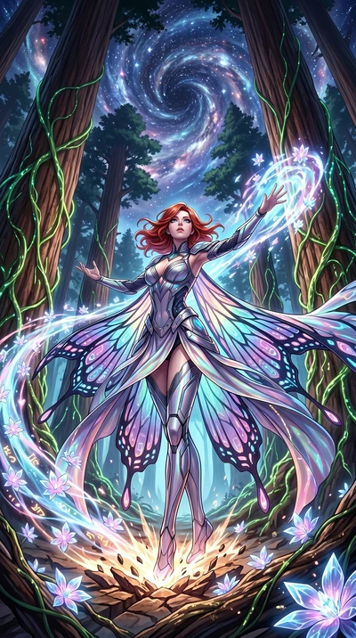 score_9, masterpiece, best quality, ultra-detailed, Set A: High-budget Anime Keyframe, Caucasian (human ears) woman. Low angle cowboy shot filling the entire 9:16 frame with her statuesque presence. Theme: Primal Nature. unleashing a massive energy w