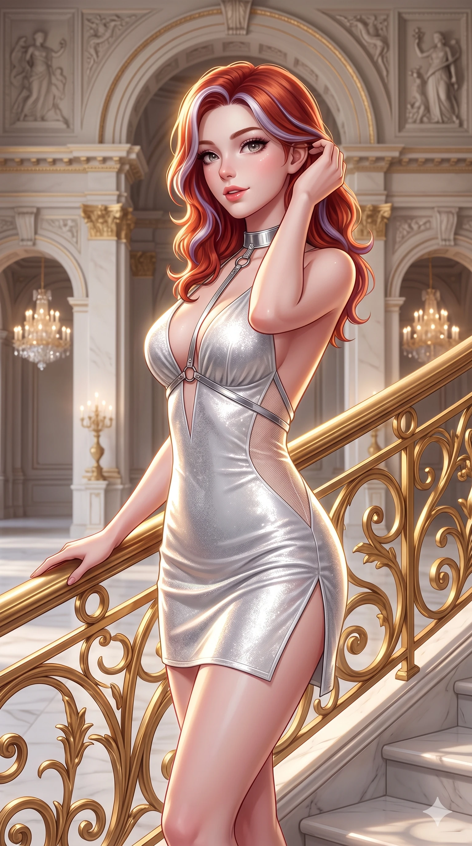 score_9, masterpiece, best quality, ultra-detailed, high-budget anime keyframe, semi-realistic 3D game render, editorial fashion photography, tasteful artistic composition, Caucasian woman. close-up cowboy shot from the waist and thighs up, the character dominates the composition, filling the frame with her large presence. gently brushing a lock of hair behind her ear while casting a playful, flirtatious side-gaze with long eyelashes while twisting her slender torso in an alluring S-curve while holding the gilded filigree banister, flashing an intoxicating smile with parted glossy lips. The surrounding environment is rendered in vivid detail and crisp panoramic clarity: intricate second-skin silk jersey tailoring, sheer side mesh panels, and monumental neoclassical architecture in razor-sharp clarity. She has an exceptionally elegant, slender, and willowy female figure with an ultra-slim waist, flat toned midriff, narrow ribcage, and sculpted feminine hips creating an alluring, slim hourglass silhouette without bulk. sharp v-shaped jawline, high-bridge nose, intricate jewel-like sparkling eyes with depth, thick eyelashes, glossy parted lips with a natural sheen, intensely captivating and seductive bedroom-eyes expression, exuding both youthful cute charm and sovereign luxury allure, flawlessly proportioned anatomical accuracy, strict slender model proportions, natural body alignment, perfectly sculpted long slender limbs, ultra-slim waistline, clean dynamic posture without body distortion. wearing a backless crushed velvet mini dress with a deep plunging neckline and hip-high thigh slit in shimmering silver mercury and pearl white, woven from buttery-soft stretch lambskin leather adhering to her body like a second skin, accented with a chrome-drop body harness subtly framing her dewy collarbones and spine, the form-contouring material adhering flawlessly to her sculpted flat midriff and slender torso, emphasizing her long leg lines and perfectly proportioned willowy build. illuminated by white marble floor bounce and sharp diamond-gold rim lights carving her sculpted collarbones, ultra-slim waist, and curvy hips. highly saturated vibrant anime colors, detailed shading with soft gradients, rich glossy textures, high-contrast stereoscopic depth, volumetric dynamic lighting, master piece, 9:16 ratio