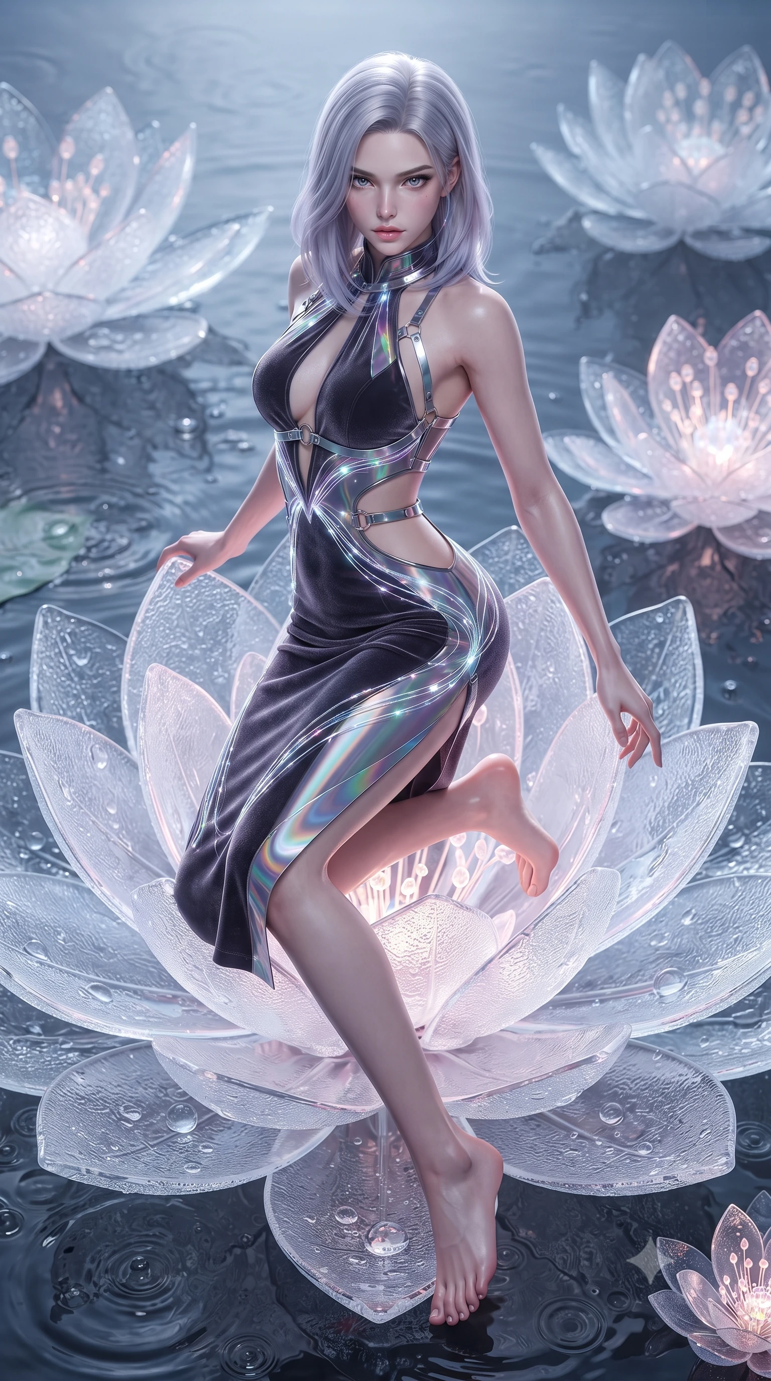 score_9, masterpiece, best quality, ultra-detailed, high-budget anime keyframe, editorial fashion photography, tasteful artistic composition, Caucasian woman. low angle full-body shot from head to toe showing her feet, filling the entire 9:16 vertical frame with her statuesque presence, stretching her vertical silhouette. performing an alluring mid-air vault with flawless poise, looking directly into the camera with smoldering intensity while kneeling gracefully on a giant glowing glass lotus blossom floating in a tech-temple pond. The surrounding environment is rendered in vivid detail and crisp panoramic clarity. intricate frosted glass petal textures, water droplet ripples, and glowing floral stamens in deep focus. She has an absolutely perfect, statuesque 8.5-heads proportion, an exceptionally tall and slender model-like female figure with impossibly long slender legs and an ultra-slim waist. sharp v-shaped jawline, high-bridge nose, intricate jewel-like eyes with depth, thick eyelashes, glossy lips with a natural sheen, flawlessly proportioned anatomical accuracy, natural body alignment, perfectly sculpted elegant limbs, clean dynamic posture without body distortion. wearing a velvet halter-neck midi dress fitting her statuesque contour flawlessly with a Tasteful chest slit and open spine in translucent smoky quartz and iridescent holographic sheen, tailored from semi-translucent cybernetic vinyl with glowing micro-filaments, reinforced by a sleek metallic chrome harness and delicate glowing micro-straps, the daring cutouts accentuating her delicate midriff, graceful collarbones, and feminine contour. surrounded by an ethereal, sacred, and intensely seductive temple ambiance. ultra-reflective glossy finish, specular highlights, metallic sheen, high-contrast stereoscopic depth, volumetric dynamic lighting, 2k, ultra detail, master piece, 9:16 ratio