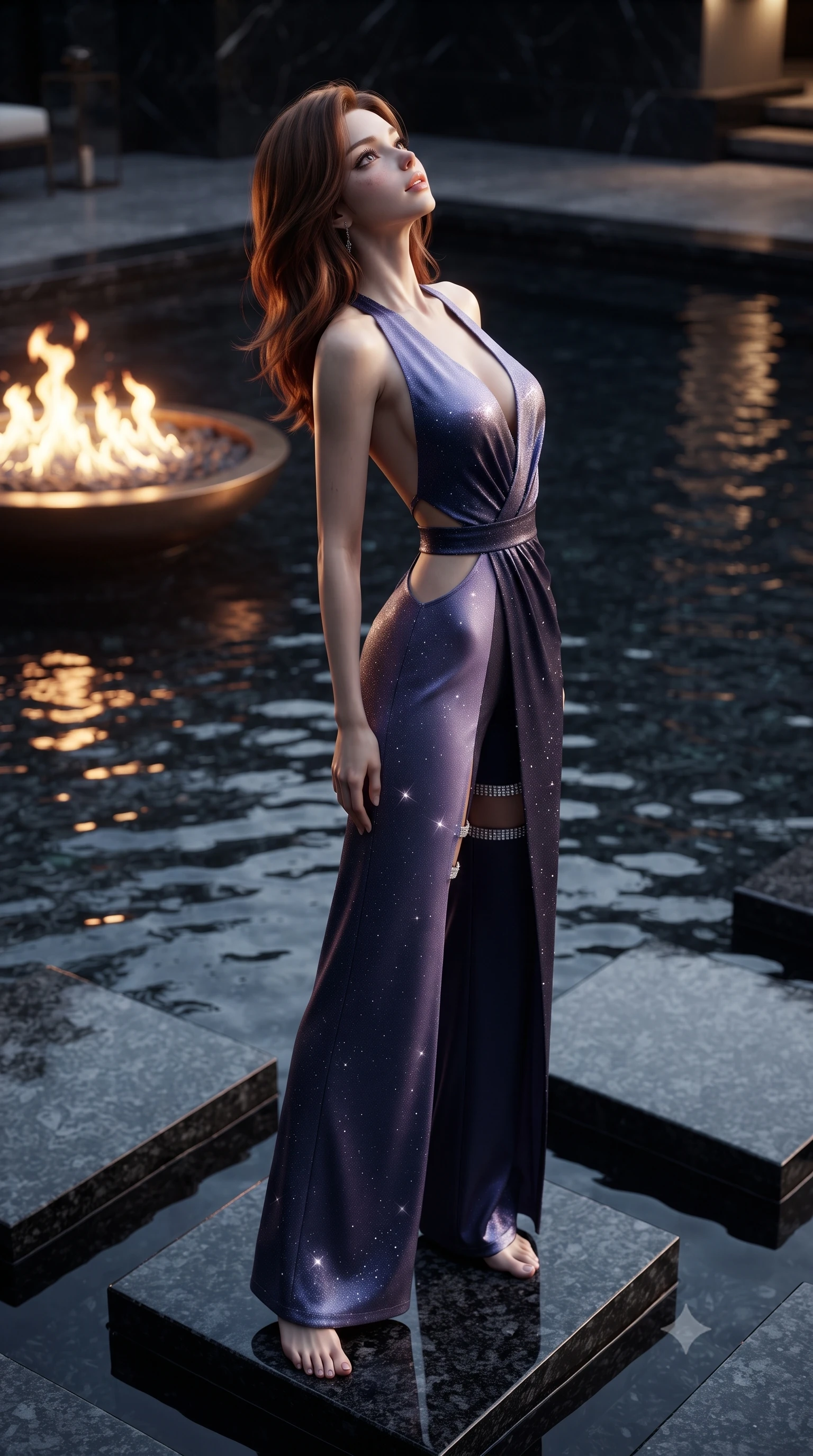 score_9, masterpiece, best quality, ultra-detailed, high-budget anime keyframe, editorial fashion photography, tasteful artistic composition, Korean woman. low angle full-body shot from head to toe showing her feet, filling the entire 9:16 vertical frame with her statuesque presence, stretching her vertical silhouette. sitting poised on the stone steps with one knee bent, arching her spine with supermodel elegance as she glances upward through thick eyelashes while standing poised on the submerged stepping stones of the mirror-black granite pool, arching her back with breathless siren presence as firelight dances over water. The surrounding environment is rendered in vivid detail and crisp panoramic clarity: sharp flamed black granite stone texture, water ripple meniscus clarity, and polished bronze fire-pit rim in deep focus. She has an absolutely perfect, statuesque 8.5-heads proportion, an exceptionally tall and slender model-like female figure with impossibly long slender legs, an ultra-slim waist, a flat toned midriff, narrow delicate ribcage, and beautifully sculpted feminine hips creating a graceful, slim hourglass silhouette without any bulky heaviness. sharp v-shaped jawline, high-bridge nose, sparkling eyes with hypnotic seductive depth, thick curled eyelashes, glossy parted lips with a natural dewy peach sheen, alluring bedroom-eyes with an enchanting coquettish smile, exuding magnetic siren charisma and sophisticated glamour, flawlessly proportioned anatomical accuracy, strict slender model proportions, natural body alignment, perfectly sculpted long slender limbs, ultra-slim waistline, clean dynamic posture without body distortion. wearing a backless plunge-front silk satin jumpsuit with fluid wide-leg silhouette and side hip cutouts in twilight lavender and midnight indigo, woven from stretch metallic lurex jersey casting radiant starlight glints across her silhouette, finished with delicate crystal-encrusted thigh garter straps glinting in the dim light, the high-slit wrap tailoring accentuating her ultra-slim waistline and the enchanting curve of her feminine hips with alluring seductive charm. illuminated by water reflection caustics and sharp platinum-gold rim lights sculpting her razor-sharp jawline, narrow waist, and curvy hips. ultra-reflective glossy finish, specular highlights, rich textural contrasts, high-contrast stereoscopic depth, volumetric dynamic lighting, 2k, ultra detail, master piece, 9:16 ratio