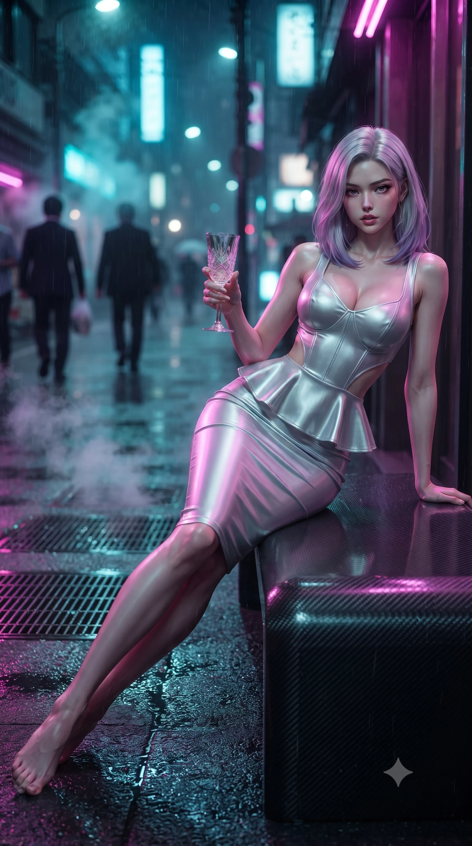 score_9, masterpiece, best quality, ultra-detailed, high-budget anime keyframe, editorial fashion photography, tasteful artistic composition, Caucasian woman. low angle full-body shot from head to toe showing her feet, filling the entire 9:16 vertical frame with her statuesque presence, stretching her vertical silhouette. striding forward in a proud supermodel runway stride, hips swaying in an alluring kinetic rhythm that accentuates her curvy hourglass silhouette while reclining casually on a carbon-fiber outdoor bench propped on one elbow, her narrow waist and rounded curves sculpted by electric magenta and cyan reflections. The composition keeps background elements in soft focus with creamy bokeh. steaming street grates and passing cyberpunk transit pedestrians softened in moody Tokyo shallow focus. She has an exceptionally tall and slender model-like 8.5-heads proportion, an ultra-slim waist, a flat toned midriff, narrow delicate ribcage, and beautifully sculpted feminine hips creating a graceful, slim hourglass silhouette without any bulky heaviness, with impossibly long slender legs. sharp v-shaped jawline, high-bridge nose, intricate jewel-like eyes with depth, thick eyelashes, glossy parted lips with a natural sheen, intensely captivating and seductive bedroom-eyes expression, flawlessly proportioned anatomical accuracy, strict slender model proportions, natural body alignment, perfectly sculpted long slender limbs, ultra-slim waistline, clean dynamic posture without body distortion. wearing a modern peplum corset dress with side-waist diamond cutouts and an ultra-tight silhouette in shimmering silver mercury and pearl white, tailored from liquid silk jersey adhering flawlessly to her slender build, accessorized with opera-length satin gloves and a vintage crystal glass, the glove-like aerodynamic silhouette tightly following the natural contour of her hips and long slender legs with statuesque 8.5-heads elegance. bathed in vivid electric magenta and laser cyan neon underlights contrasting with rain-soaked shadow tones. ultra-reflective glossy finish, specular highlights, rich textural contrasts, high-contrast stereoscopic depth, volumetric dynamic lighting, 2k, ultra detail, master piece, 9:16 ratio