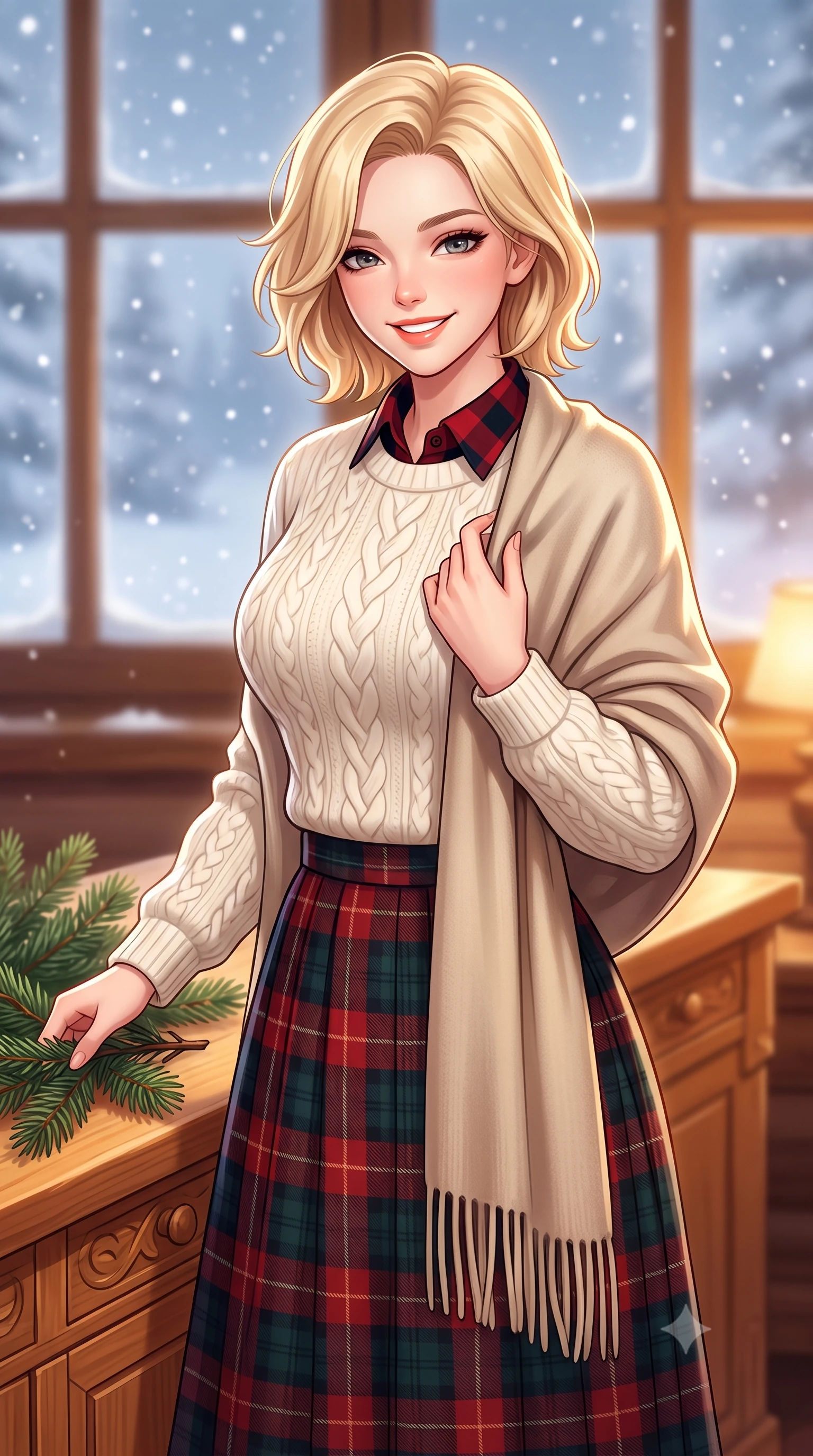 score_9, masterpiece, best quality, ultra-detailed, high-budget anime keyframe, semi-realistic 3D game render, editorial fashion photography, tasteful artistic composition, Caucasian woman. close-up cowboy shot from the waist and thighs up, the character dominates the composition, filling the frame with her large presence. touching her silk scarf with delicate fingertips while casting an affectionate, warm glance toward the lens while standing poised at the hand-carved Arvenholz pine dining credenza, arranging fragrant winter pine branches with graceful domestic poise. The background shows a soft-focus softly falling snowflakes outside frosted panes softened in intimate alpine winter hideaway shallow focus. She has an exceptionally elegant, slender, and willowy female figure with an ultra-slim waist, flat toned midriff, narrow ribcage, and sculpted feminine hips creating an alluring, slim hourglass silhouette without bulk. sharp v-shaped jawline, high-bridge nose, intricate jewel-like sparkling eyes with depth, thick eyelashes, glossy parted lips with a natural peach sheen, bright cheerful beaming smile with an enchanting and coquettish sensual glint, exuding both youthful cute charm and seductive allure, flawlessly proportioned anatomical accuracy, strict slender model proportions, natural body alignment, perfectly sculpted long slender limbs, ultra-slim waistline, clean dynamic posture without body distortion. wearing an ivory cable-knit fisherman sweater paired with a pleated wool tartan midi skirt and a crisp collared poplin shirt in Kyoto autumn maple crimson and deep ink black, woven from plush alpaca yarn with a cloud-like fuzzy texture and soft halo, accented with a wide brushed cashmere fringe scarf draped elegantly over one shoulder, the streamlined silhouette following her natural slender proportions with sophisticated poise, enhancing her tall willowy presence. illuminated by honey pine wall reflection bounce and warm buttery rim lights sculpting her features and slender hourglass curves. highly saturated vibrant anime colors, detailed shading with soft gradients, rich glossy textures, high-contrast stereoscopic depth, volumetric dynamic lighting, master piece, 9:16 ratio