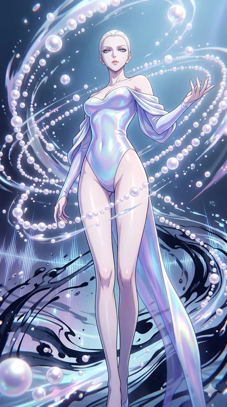 score_9, masterpiece, best quality, ultra-detailed, High-budget Anime Keyframe, vibrant colors, fluid line-art, expressive lighting, cinematic composition, Ufotable-style visual effects, top-tier animation quality, Caucasian woman with pale skin and refined features. Low angle cowboy shot filling the entire 9:16 frame with her statuesque presence, looking up to emphasize her height. Summoning a cascade of liquid pearls that orbit her like tiny, glowing planets. She has an absolutely perfect 8-heads proportion, an exceptionally tall and slender female figure with impossibly long slender legs and an ultra-slim waist, her statuesque height and towering silhouette dominating the vertical 9:16 frame. Her face is a masterpiece featuring a sharp v-shaped jawline, high-bridge nose, intricate jewel-like eyes with depth, thick eyelashes, and glossy lips with a natural sheen. She is wearing a Liquid pearl fabric bodysuit that shimmers with an iridescent sheen, with elegant off-shoulder sleeves. The scene is set in an abstract digital ocean where the water is made of flowing ink and sound waves. 2k, ultra detail, master piece, 9:16 ratio