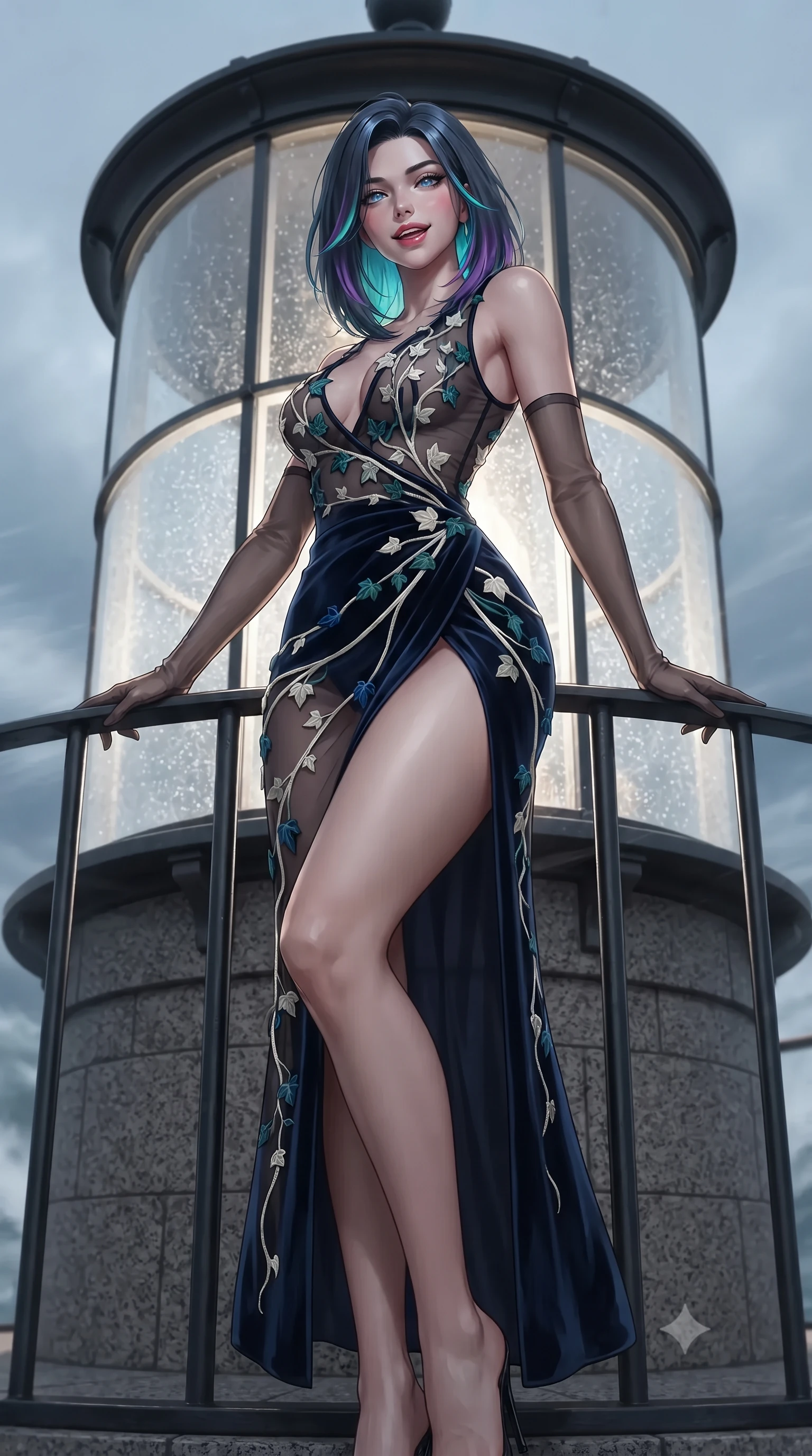score_9, masterpiece, best quality, ultra-detailed, high-budget anime keyframe, editorial fashion photography, tasteful artistic composition, Caucasian woman. low angle full-body shot from head to toe showing her feet, filling the entire 9:16 vertical frame with her statuesque presence, stretching her vertical silhouette. leaning deep against the balcony balustrade with hips cocked back in an unapologetically alluring high-fashion stance, casting an intoxicating glance while standing poised inside the circular glass lantern room atop the historic granite lighthouse, arching her lower back with fierce diva charisma as Atlantic gale winds buffet the tower. The background shows a soft-focus fine ocean spray on curved glass softened in wild maritime fortress shallow focus. She has an exceptionally tall and slender model-like 8.5-heads proportion, an ultra-slim waist, a flat toned midriff, narrow delicate ribcage, and beautifully sculpted feminine hips creating a graceful, slim hourglass silhouette without any bulky heaviness, with impossibly long slender legs. sharp v-shaped jawline, high-bridge nose, intricate jewel-like sparkling eyes with depth, thick eyelashes, glossy parted lips with a natural peach sheen, bright cheerful beaming smile with an enchanting and coquettish sensual glint, exuding both youthful cute charm and seductive allure, flawlessly proportioned anatomical accuracy, strict slender model proportions, natural body alignment, perfectly sculpted long slender limbs, ultra-slim waistline, clean dynamic posture without body distortion. wearing a provocative sheer noir illusion mesh cocktail dress with embroidered climbing ivy ribbons contouring her curves in Normandy Étretat alabaster chalk white and Atlantic cobalt, tailored from ultra-plush silk velvet with rich tactile depth and deep shadow gradients, complemented by sheer opera-length evening gloves tracing her slender arms, the high-slit wrap tailoring accentuating her ultra-slim waistline and the enchanting curve of her feminine hips with alluring seductive charm. illuminated by curved glass reflection bounce and sharp platinum-gold rim lights defining her dewy collarbones, ultra-slim waist, and curvy hips. ultra-reflective glossy finish, specular highlights, rich textural contrasts, high-contrast stereoscopic depth, volumetric dynamic lighting, 2k, ultra detail, master piece, 9:16 ratio