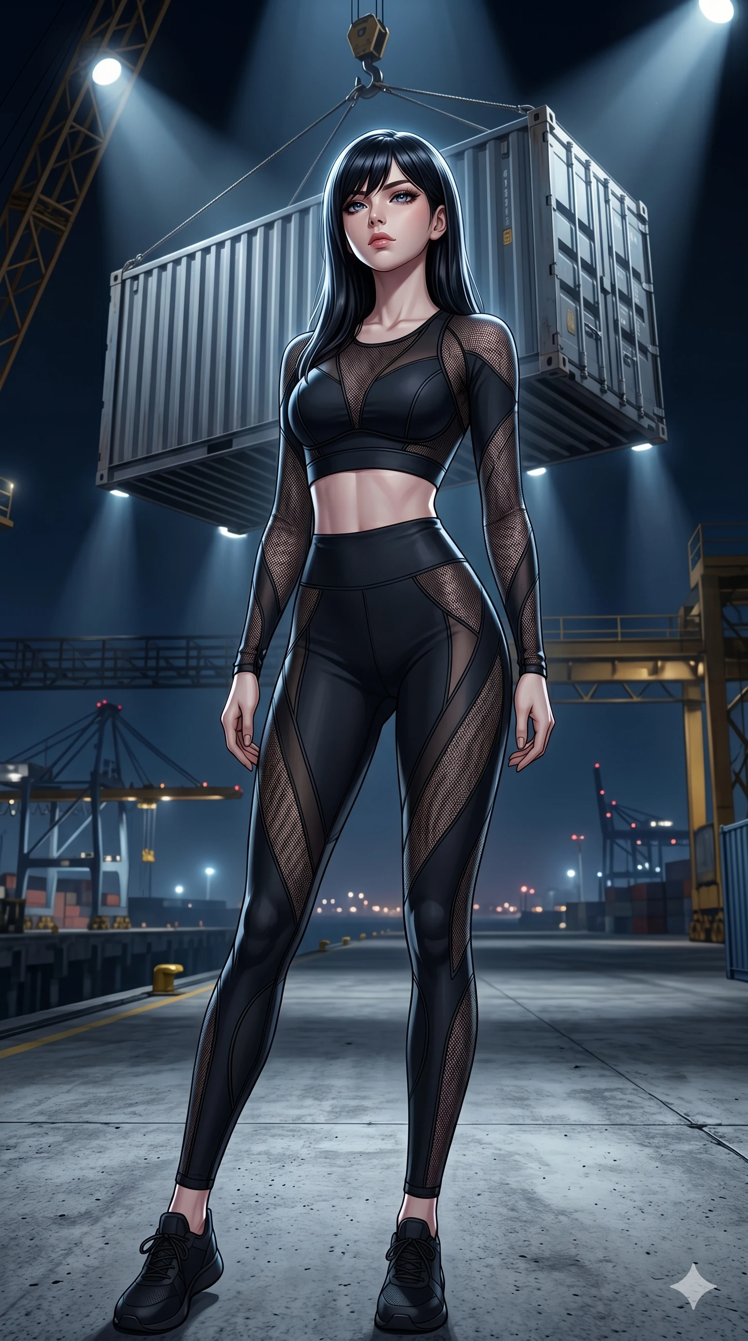 score_9, masterpiece, best quality, ultra-detailed, high-budget anime keyframe, editorial fashion photography, tasteful artistic composition, Caucasian woman, strictly human ears. cowboy shot from the thighs up, character and outfit filling the frame for maximum editorial presence. Tilting her chin up slightly with a composed, powerful expression, her eyes glancing downward on a concrete deck under a crane lifting a giant steel crate under spotlights. She has an absolutely perfect 8-heads proportion, an exceptionally tall and slender female figure with impossibly long slender legs and an ultra-slim waist. V-shaped jawline, high-bridge nose, intricate jewel-like eyes with depth, thick eyelashes, glossy lips with a natural sheen. wearing a high-fashion athletic set featuring a structured sports top and leggings with sheer-mesh contouring panels. under high-contrast theatrical lighting with a spotlight highlighting her face and shoulders. 2k, ultra detail, master piece, 9:16 ratio