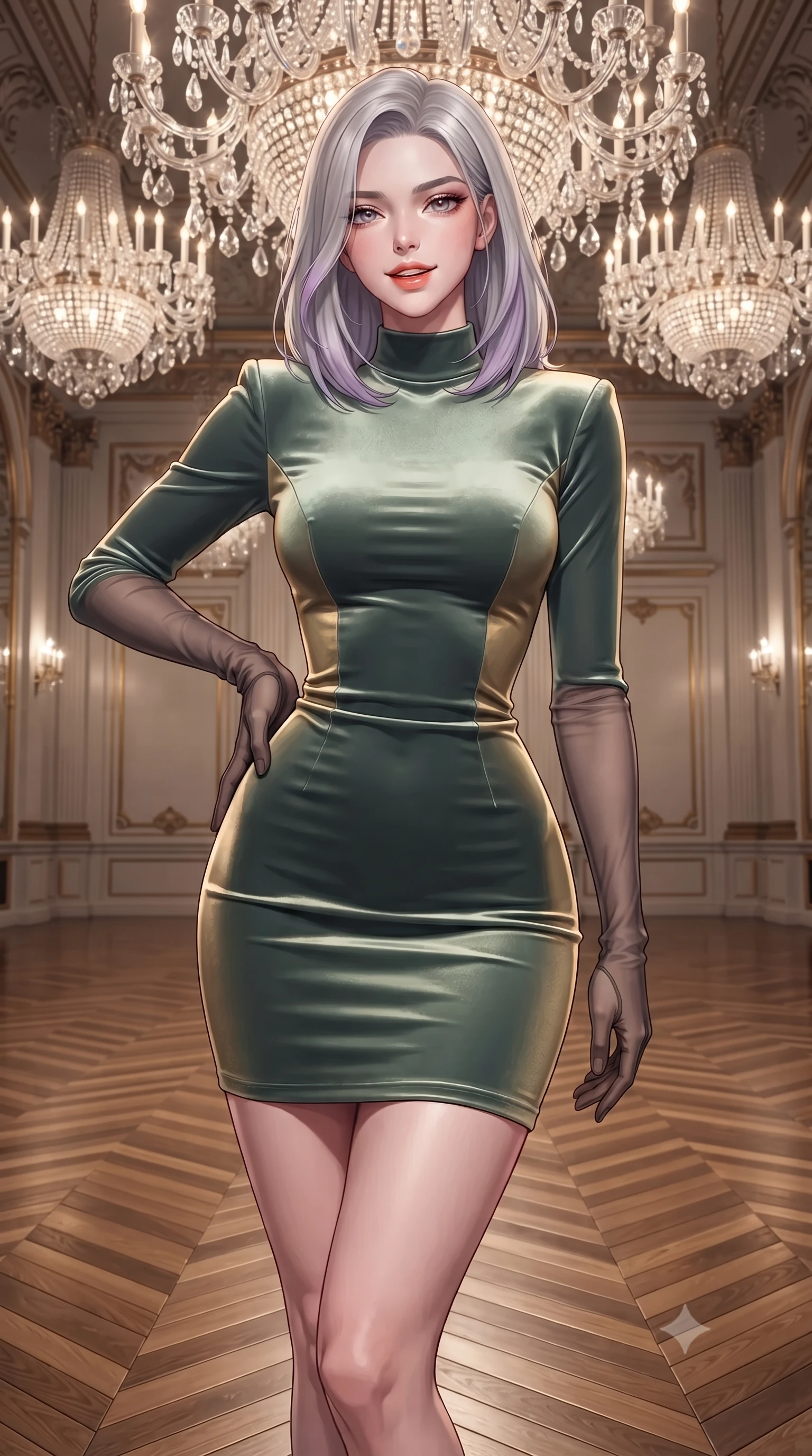 score_9, masterpiece, best quality, ultra-detailed, high-budget anime keyframe, editorial fashion photography, tasteful artistic composition, Caucasian woman. close-up cowboy shot from the waist and thighs up, the character dominates the composition, filling the frame with her large presence. tilting her head with a teasing half-smile, running one hand slowly down the side of her hip in a flirtatious S-curve as ambient light caresses her silhouette while standing poised on the mirror-polished chevron parquet floor beneath colossal Baccarat crystal chandeliers, arching her spine with effortless high-fashion glamour. The surrounding environment is rendered in vivid detail and crisp panoramic clarity: detailed garment cut, bodycon tailoring, and French resort heritage craft in razor-sharp precision. She has an exceptionally elegant, slender, and willowy female figure with an ultra-slim waist, flat toned midriff, narrow ribcage, and sculpted feminine hips creating an alluring, slim hourglass silhouette without bulk. sharp v-shaped jawline, high-bridge nose, intricate jewel-like sparkling eyes with depth, thick eyelashes, glossy parted lips with a natural peach sheen, bright cheerful beaming smile with an enchanting and coquettish sensual glint, exuding both youthful cute charm and seductive allure, flawlessly proportioned anatomical accuracy, strict slender model proportions, natural body alignment, perfectly sculpted long slender limbs, ultra-slim waistline, clean dynamic posture without body distortion. wearing a tailored velvet bodycon cocktail dress with long fitted sleeves and mock neck in Tulum jungle agave sage and copal resin gold, crafted from fluid liquid silk satin that clings smoothly to her narrow waist and rounded hips with a dewy sheen, complemented by sheer opera-length evening gloves tracing her slender arms, the glove-like clinging cut tightly following the natural contour of her hips and long slender legs with youthful 8.5-heads elegance. illuminated by mirror reflection fill and sharp champagne-gold rim lights sculpting her jawline, narrow waist, and curvy hips. ultra-reflective glossy finish, specular highlights, rich textural contrasts, high-contrast stereoscopic depth, volumetric dynamic lighting, 2k, ultra detail, master piece, 9:16 ratio