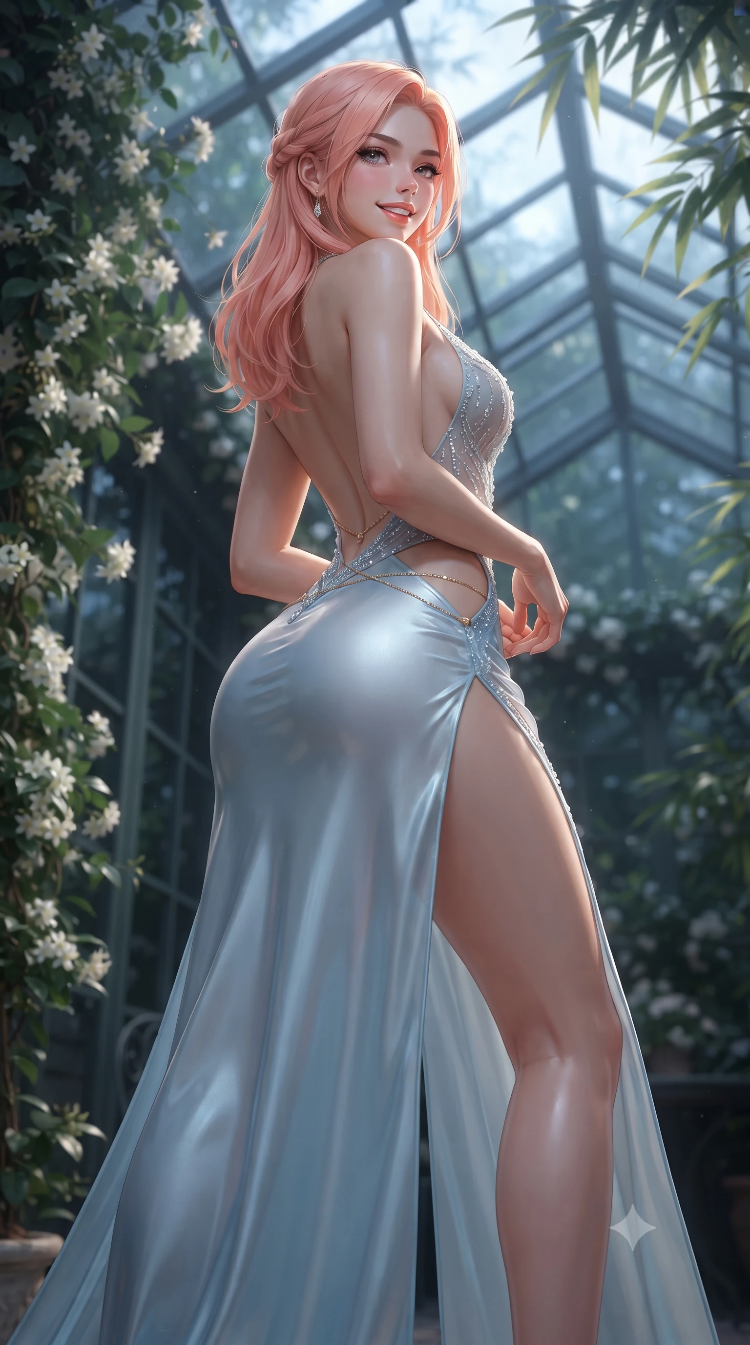 score_9, masterpiece, best quality, ultra-detailed, high-budget anime keyframe, editorial fashion photography, tasteful artistic composition, Japanese woman. low angle full-body shot from head to toe showing her feet, filling the entire 9:16 vertical frame with her statuesque presence, stretching her vertical silhouette. walking along the terrace with poise, looking back over her bare shoulder with an irresistible smoldering bedroom-gaze while standing poised beneath the pitched glass roof of the private conservatory, arching her lower back as moonbeams dance through bamboo fronds. The background shows a soft-focus climbing night-blooming jasmine vines softened in secluded heritage conservatory shallow focus. She has an exceptionally tall and slender model-like 8.5-heads proportion, an ultra-slim waist, a flat toned midriff, narrow delicate ribcage, and beautifully sculpted feminine hips creating a graceful, slim hourglass silhouette without any bulky heaviness, with impossibly long slender legs. sharp v-shaped jawline, high-bridge nose, intricate jewel-like sparkling eyes with depth, thick eyelashes, glossy parted lips with a natural peach sheen, bright cheerful beaming smile with an enchanting and coquettish sensual glint, exuding both youthful cute charm and seductive allure, flawlessly proportioned anatomical accuracy, strict slender model proportions, natural body alignment, perfectly sculpted long slender limbs, ultra-slim waistline, clean dynamic posture without body distortion. wearing a plunge-front sheer mesh cocktail gown with delicate crystal beading and an ultra-daring hip-high leg slit in Tromsø icy arctic blue and frosted platinum, crafted from fluid liquid silk satin that clings smoothly to her narrow waist and rounded hips with a dewy sheen, accented with a dainty gold belly chain resting across her flat midriff and curving hips, the form-contouring silhouette accentuating her sculpted flat midriff, narrow delicate ribcage, and gracefully curvy hips with intoxicating allure. illuminated by conservatory glass bounce and sharp champagne-gold rim lights sculpting her features, flat midriff, and slender waist. ultra-reflective glossy finish, specular highlights, rich textural contrasts, high-contrast stereoscopic depth, volumetric dynamic lighting, 2k, ultra detail, master piece, 9:16 ratio