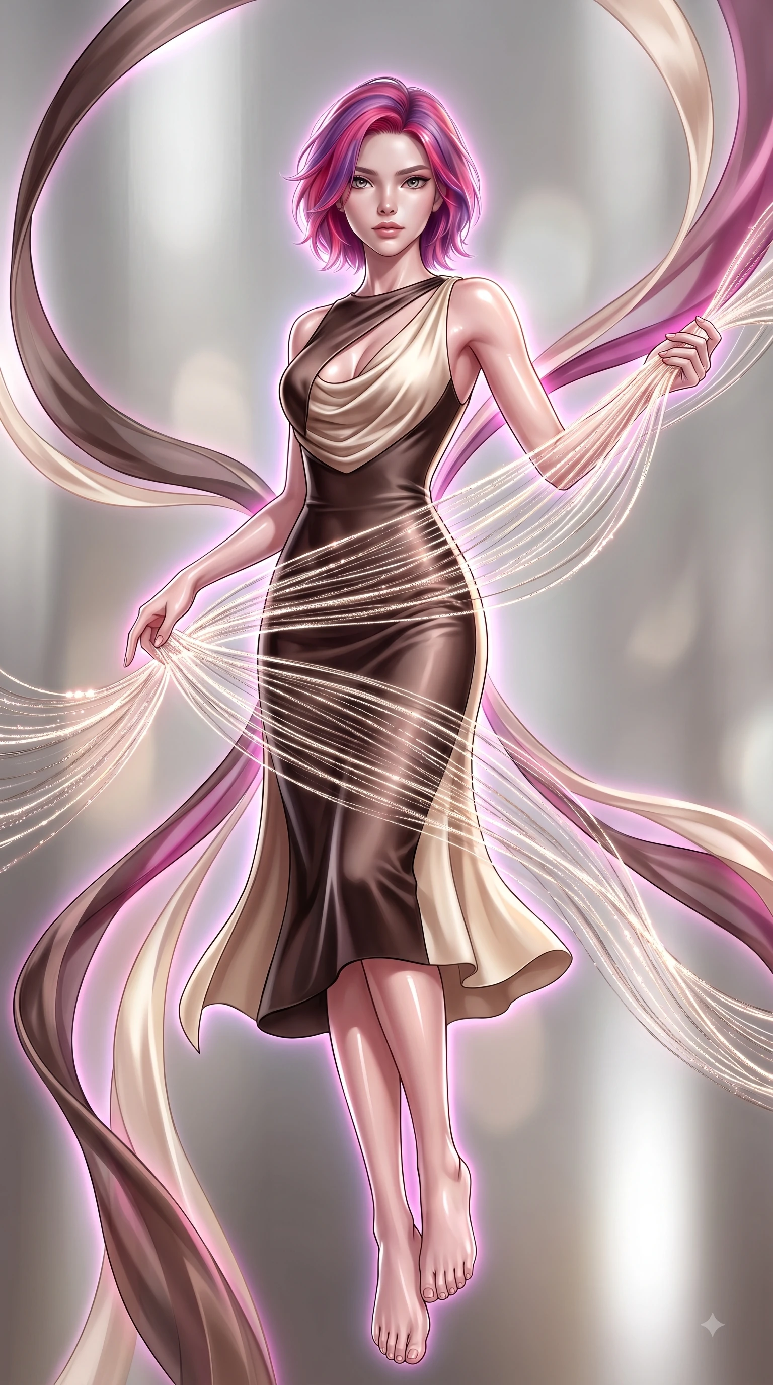 score_9, masterpiece, best quality, ultra-detailed, high-budget anime keyframe, editorial fashion photography, tasteful artistic composition, Caucasian woman. low angle full-body shot from head to toe showing her feet, filling the entire 9:16 vertical frame with her statuesque presence, stretching her vertical silhouette. pivoting dynamically in zero-gravity with fluid S-curve alignment, displaying her perfect model proportions while weaving a shimmering dress of light threads that flow around her figure in zero-gravity, translucent silk ribbons swirling around her body like light streams. She has an absolutely perfect, statuesque 8.5-heads proportion, an exceptionally tall and slender model-like female figure with impossibly long slender legs and an ultra-slim waist. sharp v-shaped jawline, high-bridge nose, intricate jewel-like eyes with depth, thick eyelashes, glossy lips with a natural sheen, flawlessly proportioned anatomical accuracy, natural body alignment, perfectly sculpted elegant limbs, clean dynamic posture without body distortion. wearing an elegant cowl-neck satin midi dress with a graceful draped neckline in espresso brown and warm cream, formed from sleek second-skin neoprene, accented with a Tasteful chest slit framing her clavicle gracefully, the glove-like fit emphasizing her statuesque silhouette during motion. surrounded by a vibrant fluorescent aura with bright specular rim lights. ultra-reflective glossy finish, specular highlights, metallic sheen, high-contrast stereoscopic depth, volumetric dynamic lighting, 2k, ultra detail, master piece, 9:16 ratio