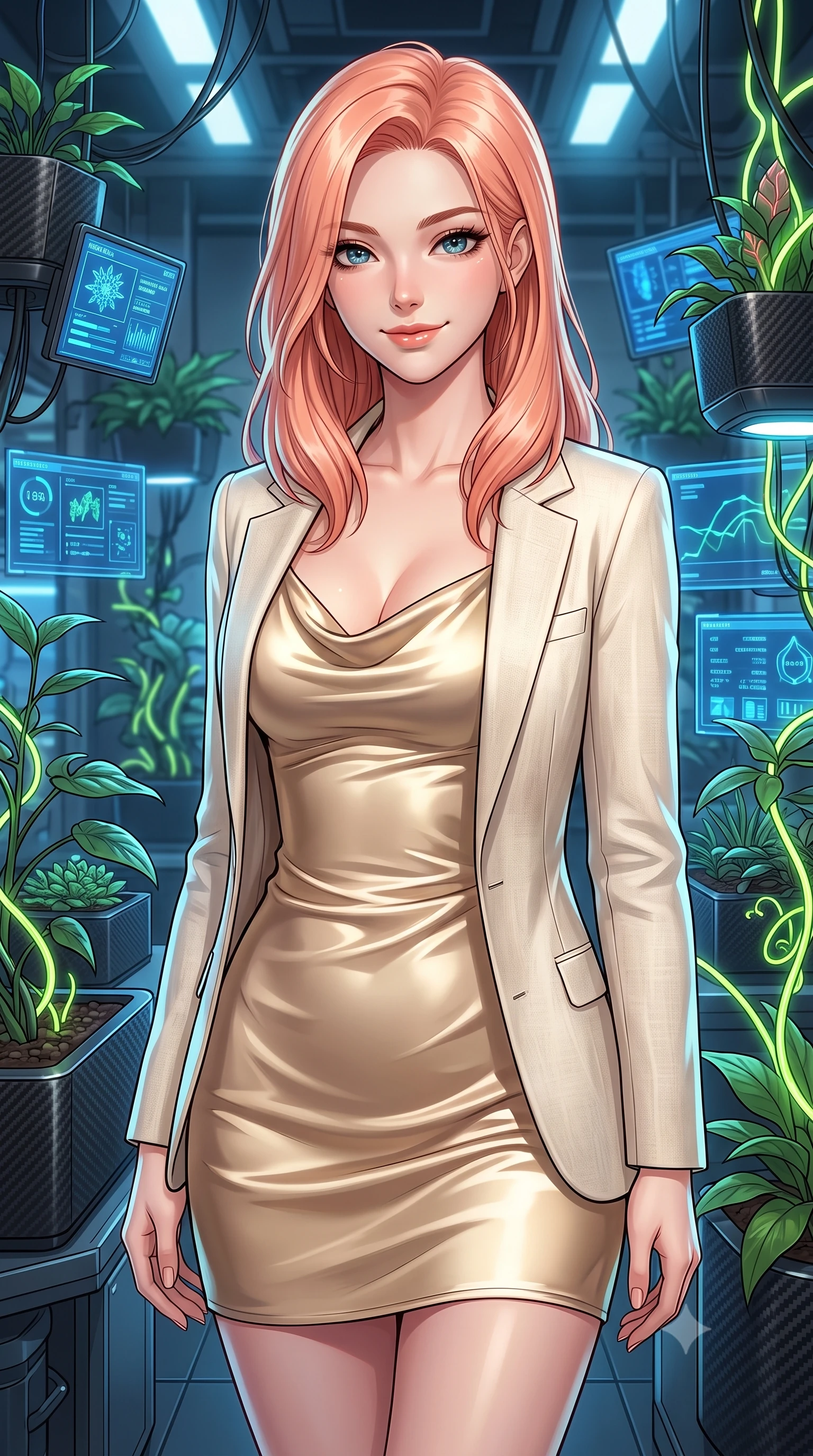 score_9, masterpiece, best quality, ultra-detailed, high-budget anime keyframe, editorial fashion photography, tasteful artistic composition, Japanese woman. close-up cowboy shot from the waist and thighs up, the character dominates the composition, filling the frame with her large presence, background elements kept in soft focus. Smiling softly with a knowing, happy look in her eyes. set against a soft-focus background of inside a high-tech botanical research laboratory with carbon-fiber pots, neon-vined plants, and blue status displays mapping their growth. She has an exceptionally elegant, slender, and willowy female figure with a highly-defined ultra-slim waist, a gracefully sculpted slender torso, and a refined slim-fit silhouette that contours her form. sharp v-shaped jawline, high-bridge nose, intricate jewel-like eyes with depth, thick eyelashes, glossy lips with a natural sheen. wearing a champagne gold cowl-neck satin slip dress that drapes and clings to her slender figure, layered with a cream linen blazer. cool blue light from the digital displays combined with warm neon green accents from the modified plants. 2k, ultra detail, master piece, 9:16 ratio