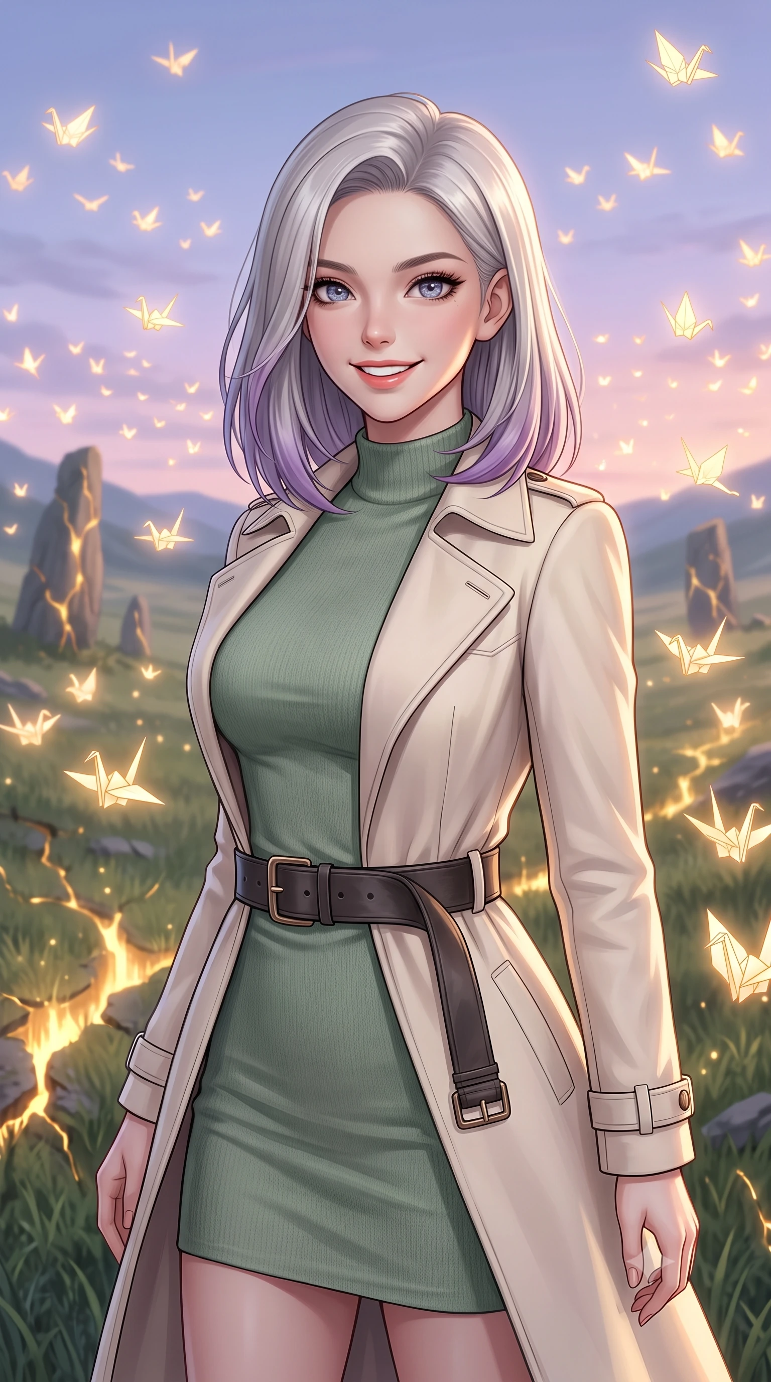 score_9, masterpiece, best quality, ultra-detailed, high-budget anime keyframe, editorial fashion photography, tasteful artistic composition, Caucasian woman, strictly human ears. close-up cowboy shot from the waist and thighs up, the character dominates the composition, filling the frame with her large presence, background elements kept in soft focus. Casting a bright, energetic glance toward the camera with a cheerful grin. set against a soft-focus background of in a grassy valley under a pastel evening sky where thousands of glowing paper cranes migrate through the air like magical birds. She has an exceptionally elegant, slender, and willowy female figure with a highly-defined ultra-slim waist, a gracefully sculpted slender torso, and a refined slim-fit silhouette that contours her form. sharp v-shaped jawline, high-bridge nose, intricate jewel-like eyes with depth, thick eyelashes, glossy lips with a natural sheen. wearing a tailored slim-fit cream trench coat layered over a form-fitting sage green mock-neck cashmere dress, cinched with a dark leather belt. glowing kintsugi gold light radiating from cracks in the environment creating a majestic inner glow. 2k, ultra detail, master piece, 9:16 ratio
