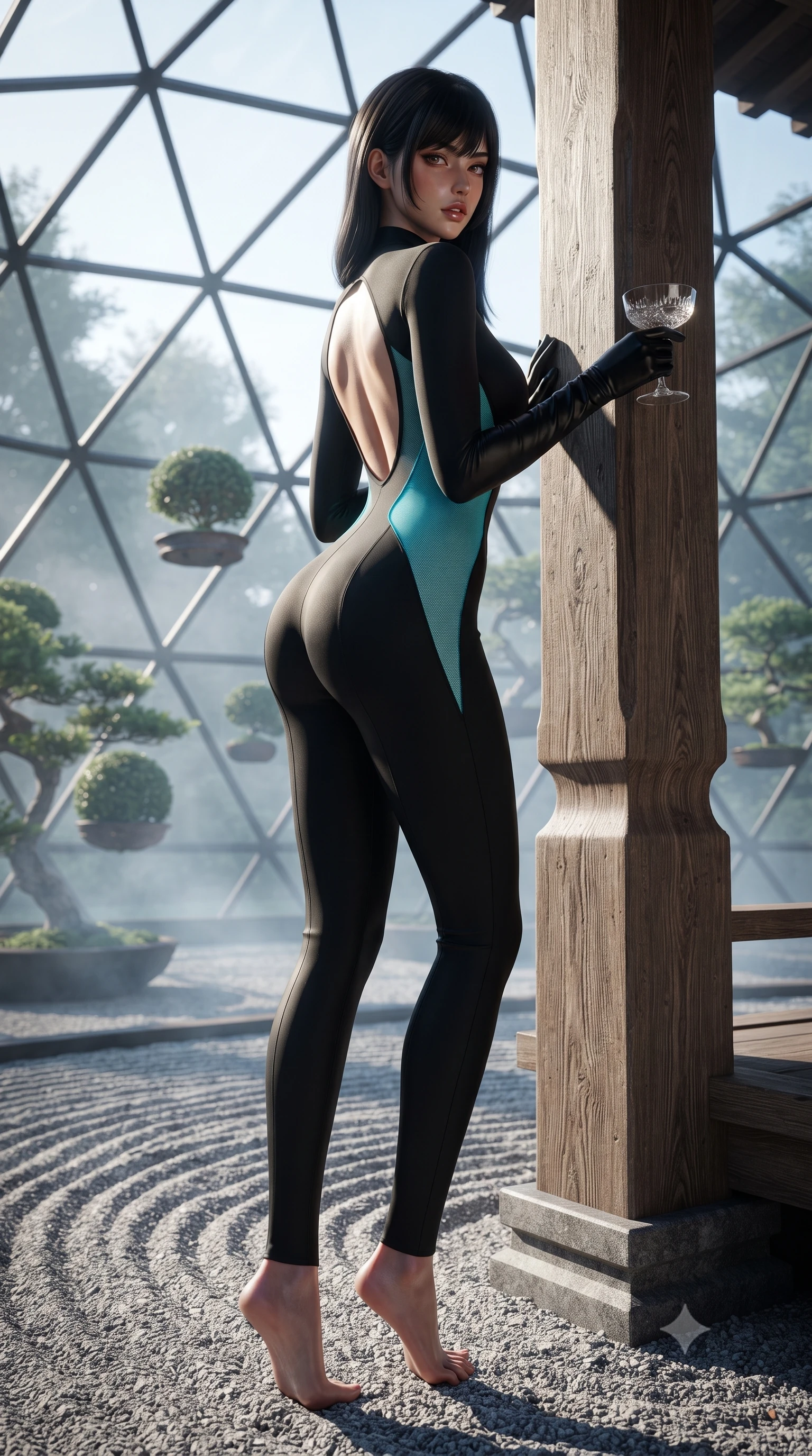 score_9, masterpiece, best quality, ultra-detailed, high-budget anime keyframe, editorial fashion photography, tasteful artistic composition, Caucasian woman. low angle full-body shot from head to toe showing her feet, filling the entire 9:16 vertical frame with her statuesque presence, stretching her vertical silhouette. posing with back turned slightly to the lens, glancing back with smoldering allure as she arches her lower back to emphasize her sculpted feminine hips and slender waist while leaning against a carved cedar post overlooking floating bonsai spheres, casting a serene, alluring bedroom-gaze through atmospheric haze. The surrounding environment is rendered in vivid detail and crisp panoramic clarity. sharp raked zen gravel ridges, weathered cedarwood grain, and geodesic glass dome strut clarity in deep focus. She has an exceptionally tall and slender model-like 8.5-heads proportion, an ultra-slim waist, a flat toned midriff, narrow delicate ribcage, and beautifully sculpted feminine hips creating a graceful, slim hourglass silhouette without any bulky heaviness, with impossibly long slender legs. sharp v-shaped jawline, high-bridge nose, intricate jewel-like eyes with depth, thick eyelashes, glossy parted lips with a natural sheen, intensely captivating and seductive bedroom-eyes expression, flawlessly proportioned anatomical accuracy, strict slender model proportions, natural body alignment, perfectly sculpted long slender limbs, ultra-slim waistline, clean dynamic posture without body distortion. wearing a second-skin compression catsuit with an open back and sheer mesh side waist contouring in neon electric cyan and lacquer black, tailored from water-resistant treated wool gabardine and flexible stretch silk, accessorized with opera-length satin gloves and a vintage crystal glass, the form-contouring material adhering flawlessly to her sculpted flat midriff and slender torso, emphasizing her long leg lines and perfectly proportioned willowy build. illuminated by gentle directional sunlight sculpting her sculpted collarbones, ultra-slim waist, and curvy hips. ultra-reflective glossy finish, specular highlights, rich textural contrasts, high-contrast stereoscopic depth, volumetric dynamic lighting, 2k, ultra detail, master piece, 9:16 ratio